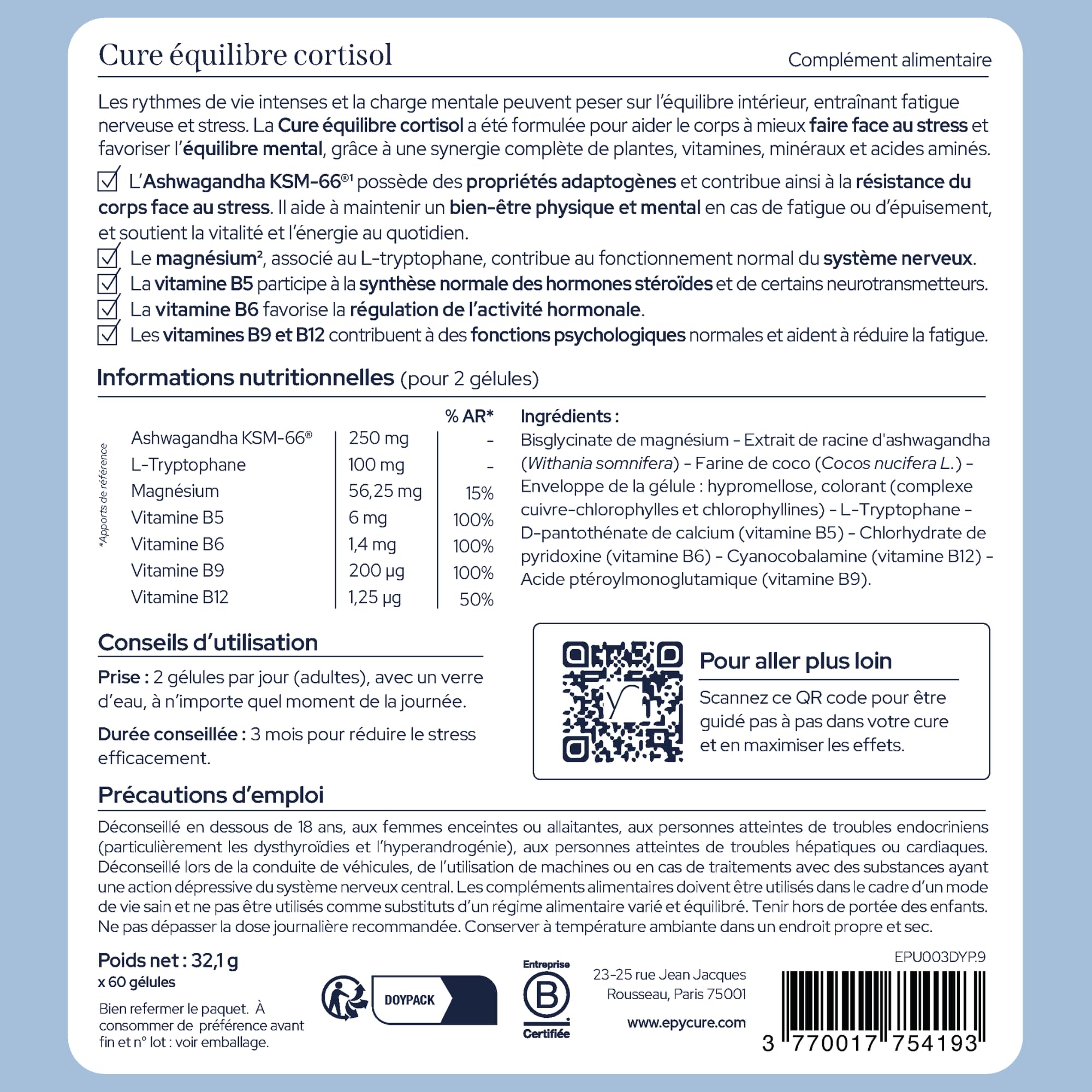 EPYCURE - Cure Équilibre Cortisol - 100% Naturel - Réduit Cortisol, Soulage Stress & Fatigue Nerveuse - Ashwagandha, Magnésium Bisglycinate, L-Tryptophane, Vitamines B - 1 Mois