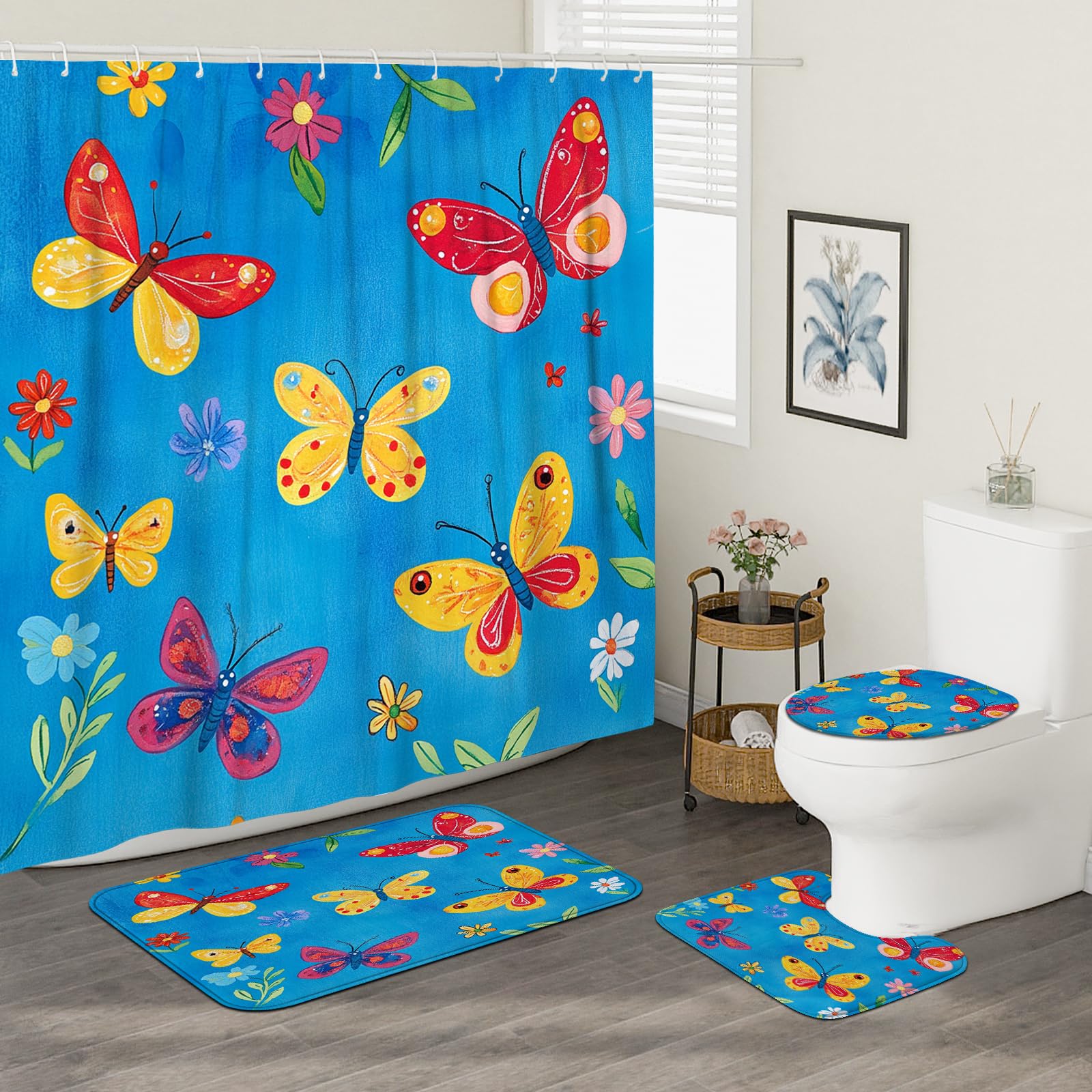 DESIHOM 4PCS Cartoon Kids Butterflies Shower Curtain 72''x72'' with Hooks, Bathroom Accessory Sets with Bath Mat, U Shape and Toilet Lid Cover Mat, Fun Blue Anime Home Fabric Decor