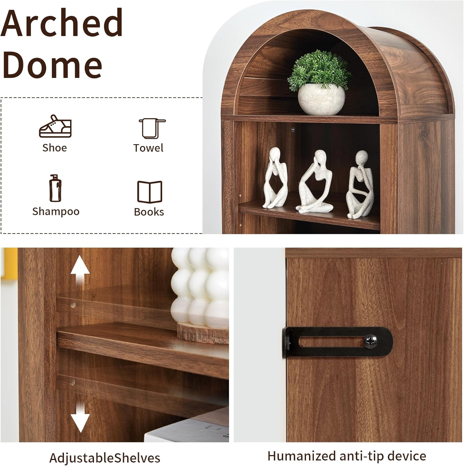 Tall Narrow Arched Bookshelf, 8-Tier Skinny Arch Bookcase for Small Space, Freestanding Storage Organizer with Adjustable Shelves, Open Display Shelves for Living Room, Entryway (Walnut)