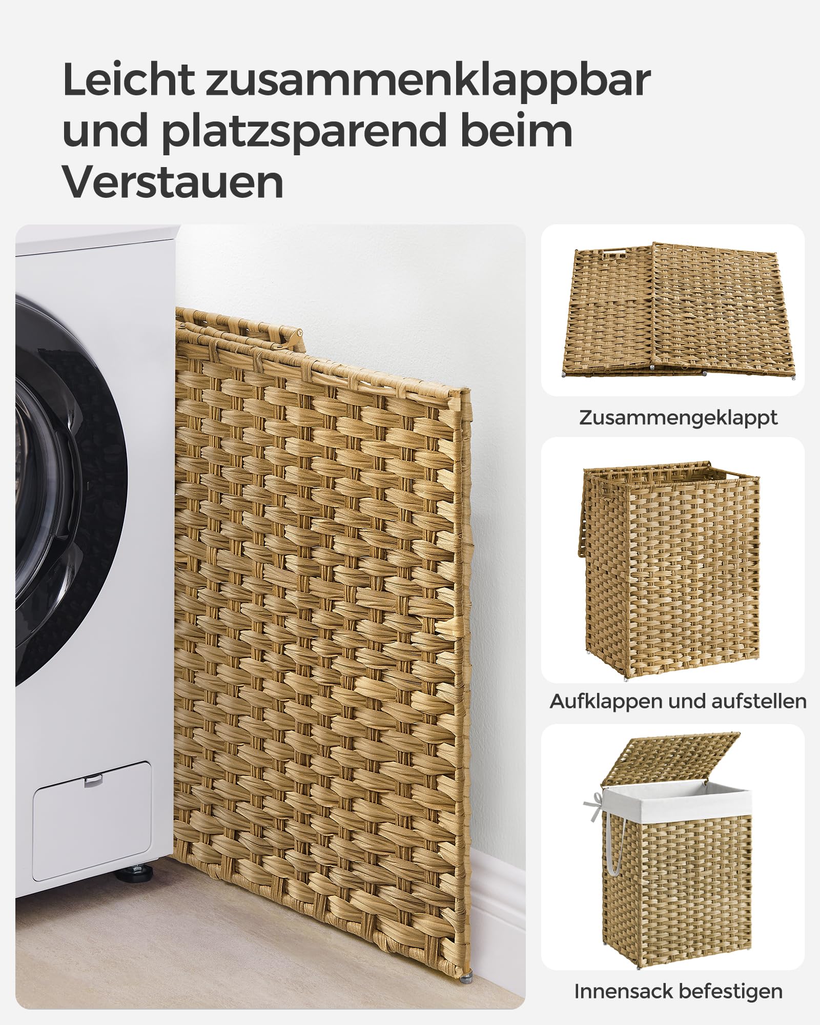 SONGMICS Wäschekorb, Wäschesammler 90 L, Wäschebox aus synthetischem Rattan, mit Deckel und Griffen, geflochten, faltbar, herausnehmbarer Wäschesack, pastellgelb LCB51NL