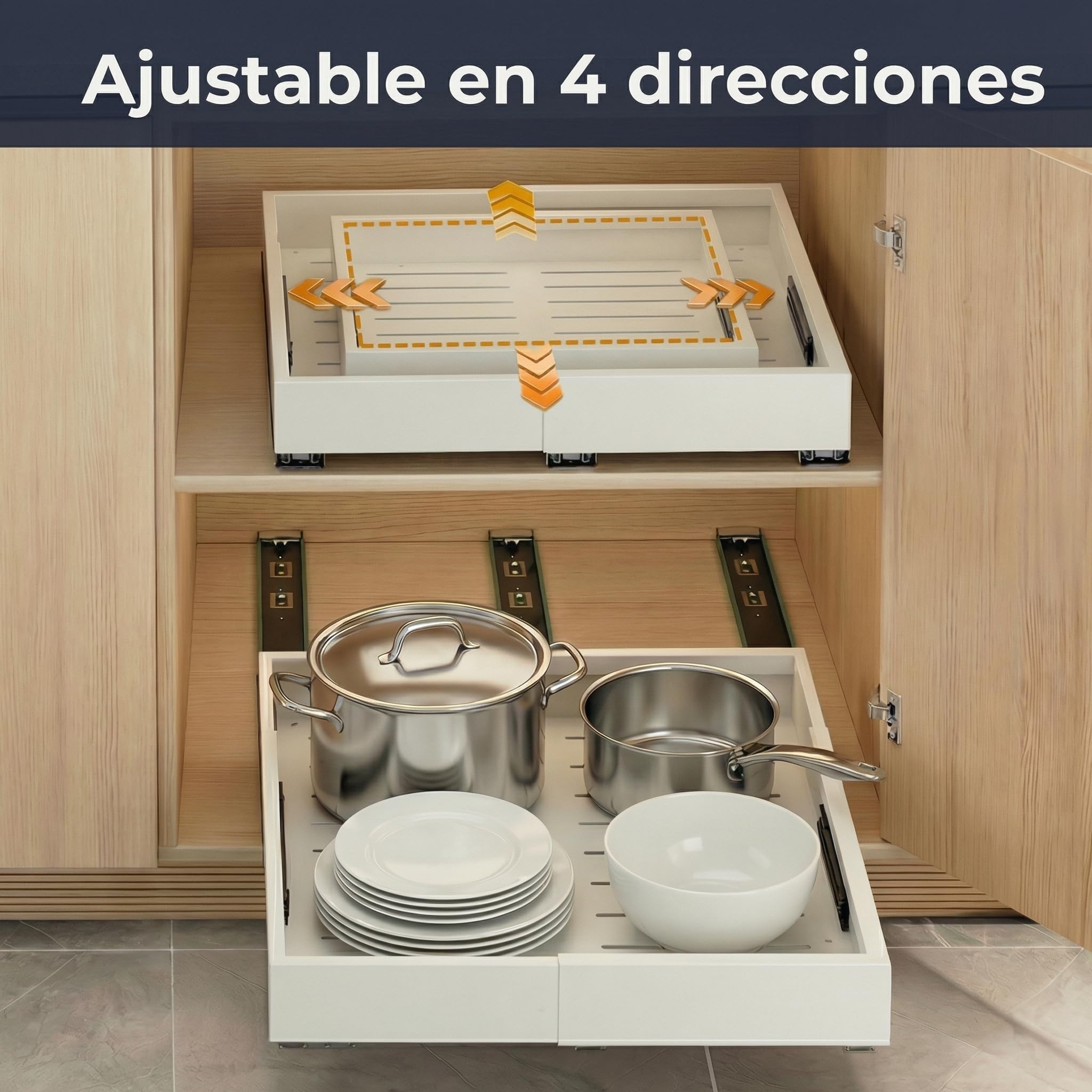 Cajones Extraibles para Cocina - Organizador Ajustable en 4 direcciones (30-49,5 cm x 42-56 cm) sin Taladro con Adhesivos Resistentes y Rieles Deslizantes - Optimiza tu Espacio en Armarios y Muebles