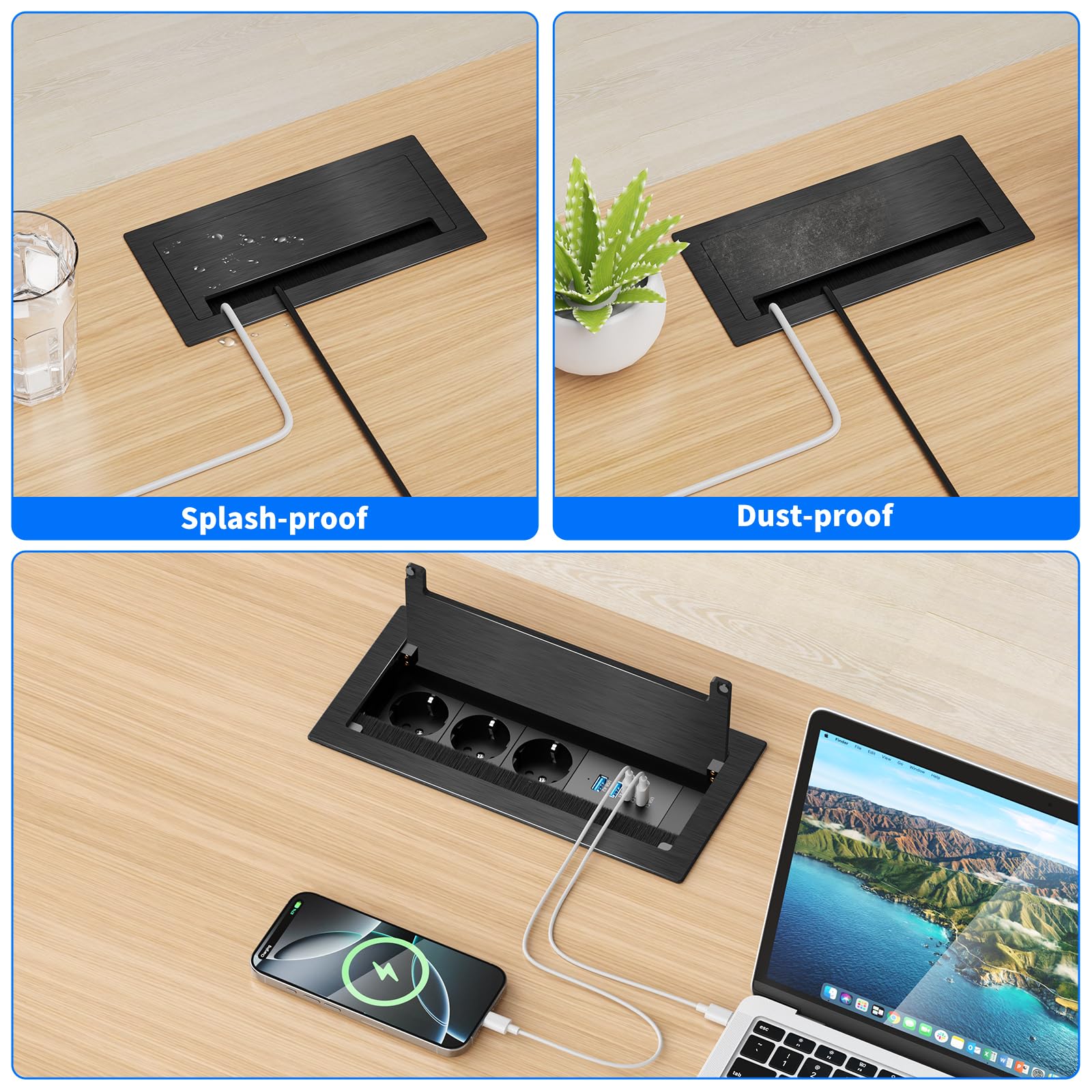 Versenkbare Steckdose mit 2X USB-C PD 30W, 3-Fach, Aluminium | 2x USB-A QC 18W, Klappdeckel für saubere Optik, Bürstenleiste für Kabelmanagement, 1,8 m Kabel, Schreibtisch & Küche