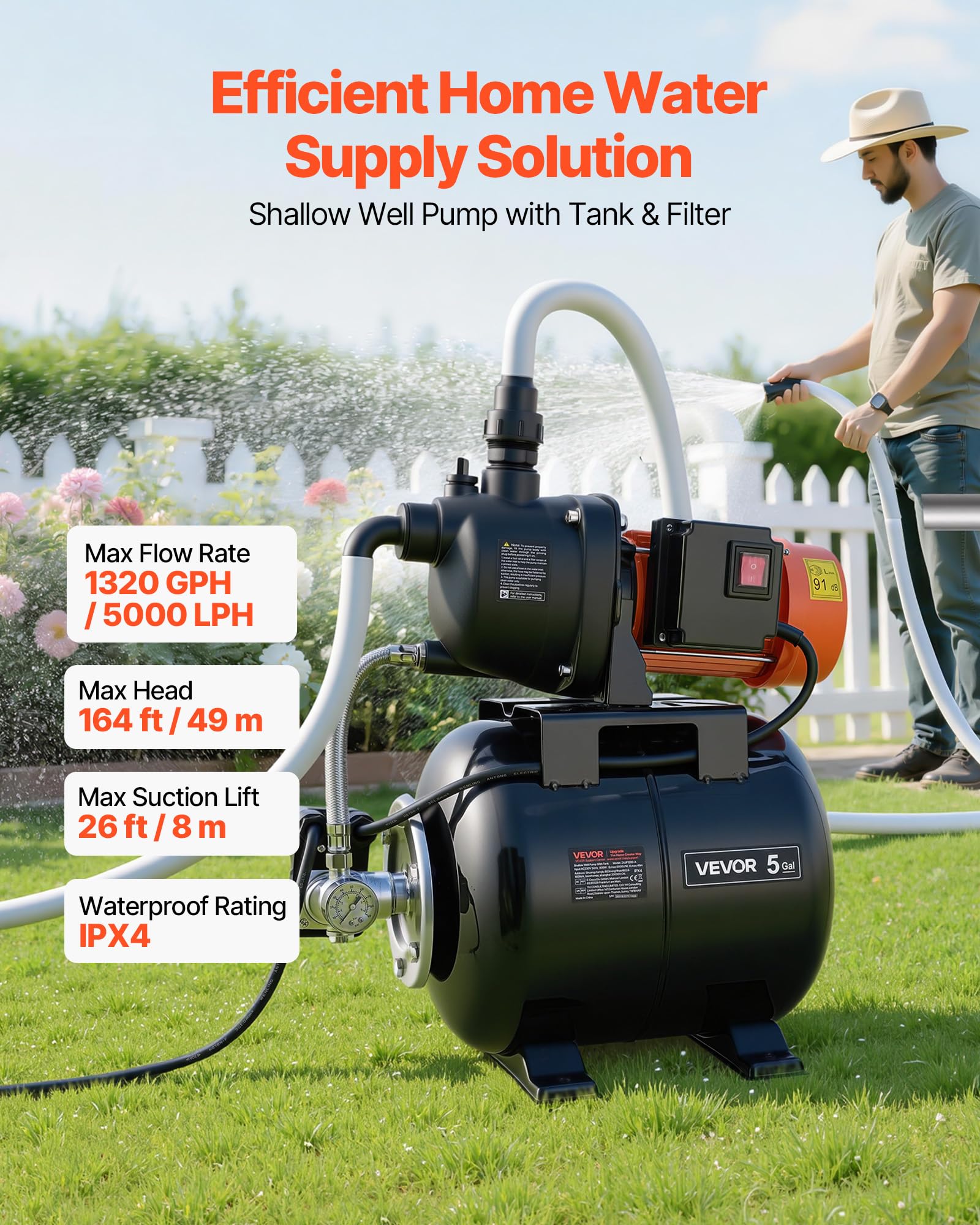 VEVOR Pompa per Pozzi Senza Filtro 800 W, Pompa per Pozzi Poco Profondi con Serbatoio a Pressione 19 Litri Irrigazione da Giardino Testa in Plastica Flusso max 5000 L/h, Protezione da Sovraccarico