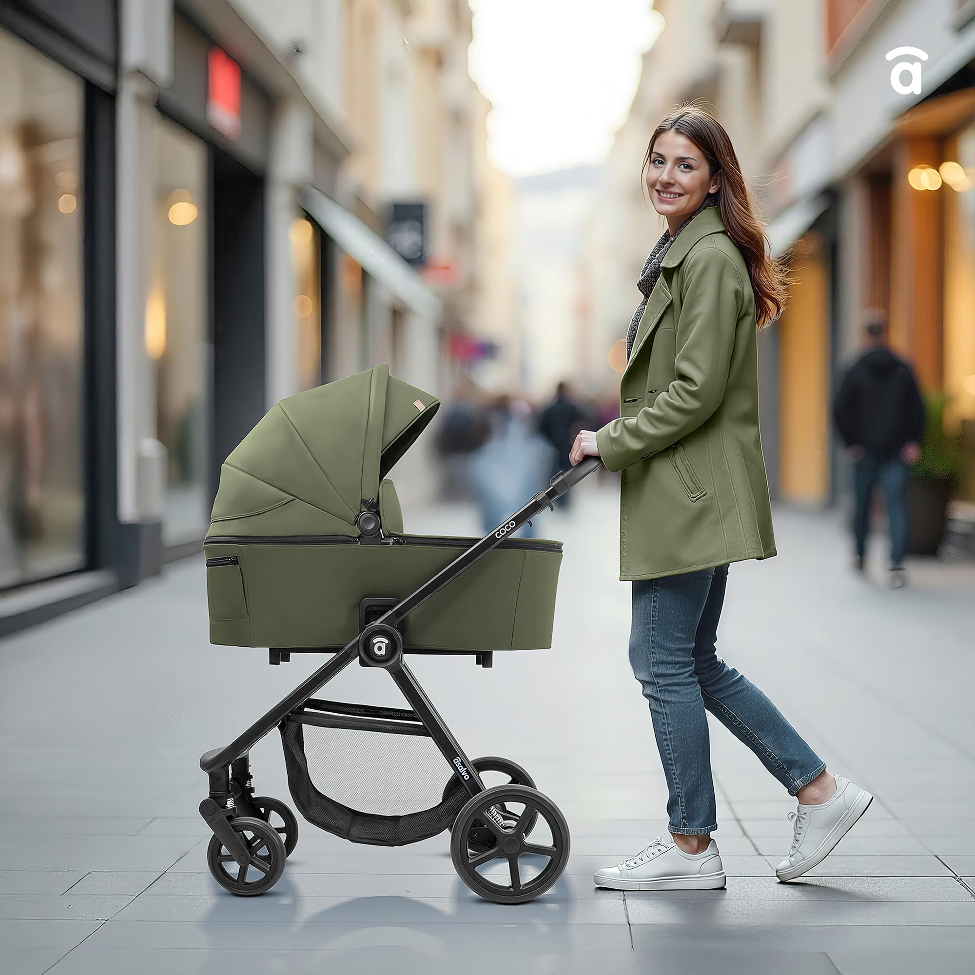 ASALVO Carrito Bebé 2 en 1 con Capazo y Silla de Paseo, Hasta 22 kg, Plegado Libro Compacto, Suspensión Total, Arnés de 5 Puntos, Dúo Coco Verde