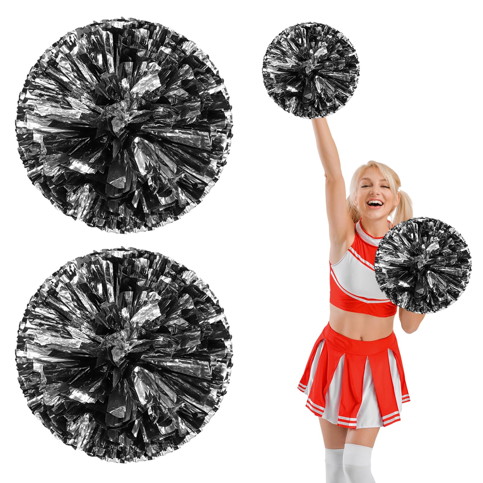 Pompony Cheer 16 szt. z uchwytem na cztery palce, ręczne pompony drużyny cheerleaderek do drużyny sportowej, gry ducha, na imprezę taneczną dla dorosłych (czarne + srebrne)