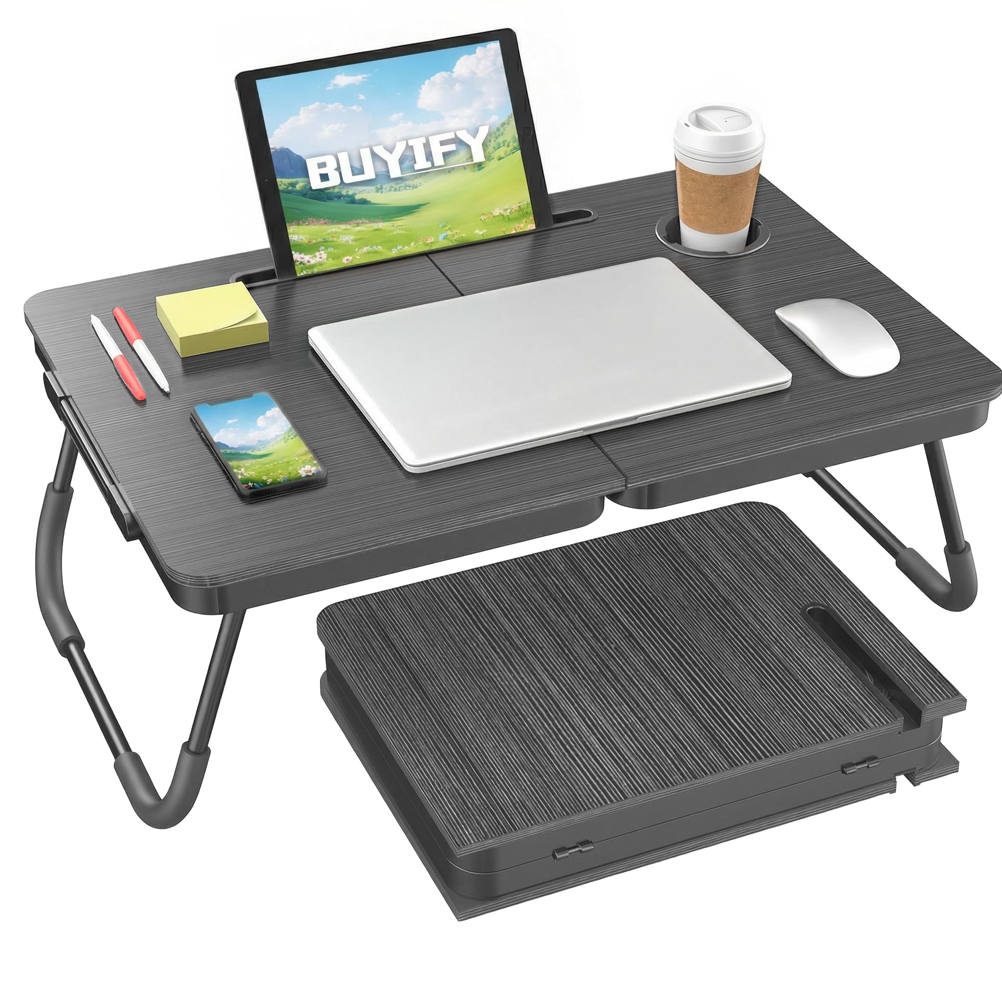 Photo 1 of BUYIFY Foldable Laptop Bed Desk for Couch, Sofa - Large Lap Desk Tray Table with Cup Holder and Tablet Slot - Portable Notebook Stand for Eating, Writing, Studying and WFH (Black)- USA Original Patent