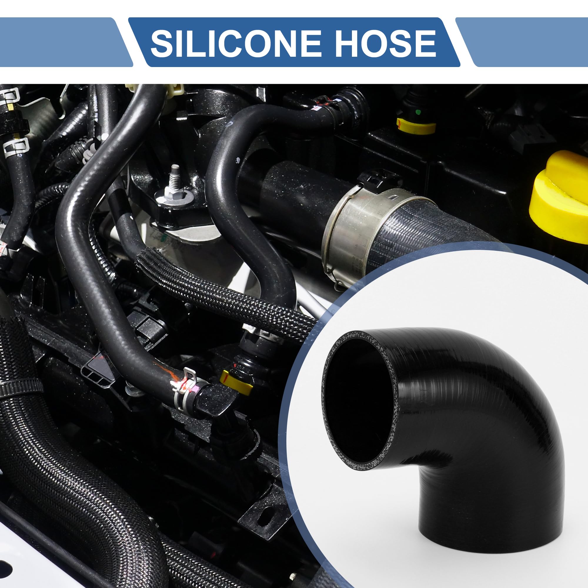 A ABSOPRO Tubo Refrigerante in Silicone Nero 1 Set Per Auto Universale | Dimensioni: 80-90mm ID, 102mm Lunghezza, 90°, Spessore 5mm. Include 2 Morsetti. Per Olio Motore, Liquido Freni, Antigelo.