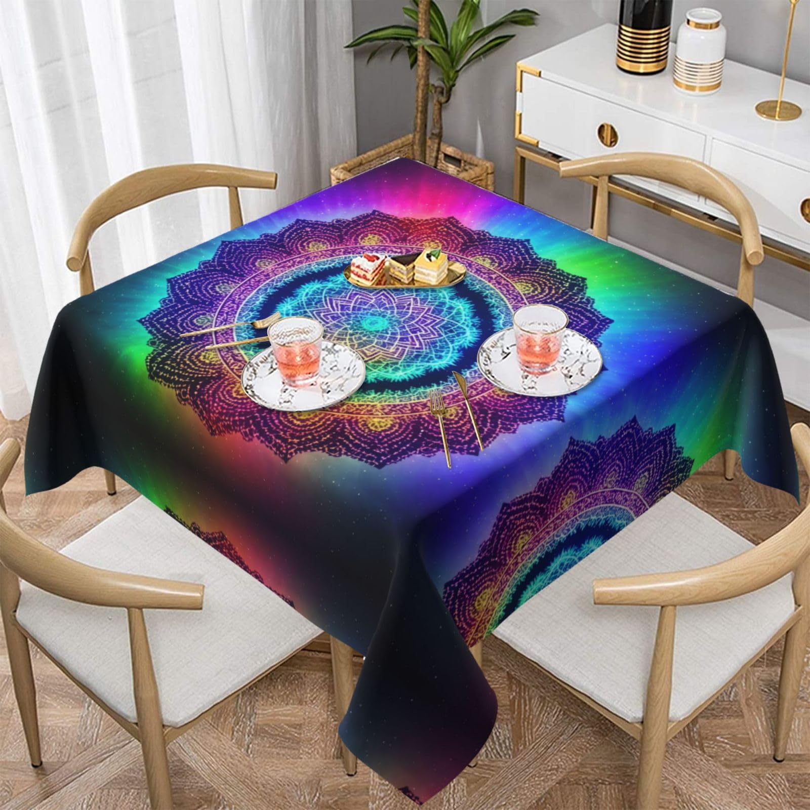 Phayah White Complex Mandala Printed Square Tablecloth For And Outdoor Dining Tables Dining Parties Party Patios Buffet 54"X54"