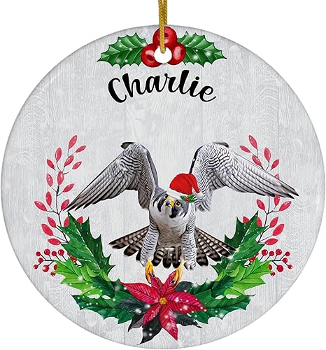 Green Holly Santa Hat Peregrine Falcon Personalized Name Christmas Ornaments 2025 Circle White Ceramic Wild Animal Lover Gifts