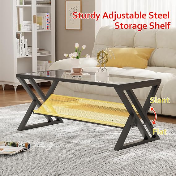 Wolawu Glass Coffee Table Living Room Table with Storage Shelf, Black Glass Table Simple Modern Rectangular Tables with Sturdy Black Metal Frame,Industrial Glass Coffee Table for Bedroom Home Office