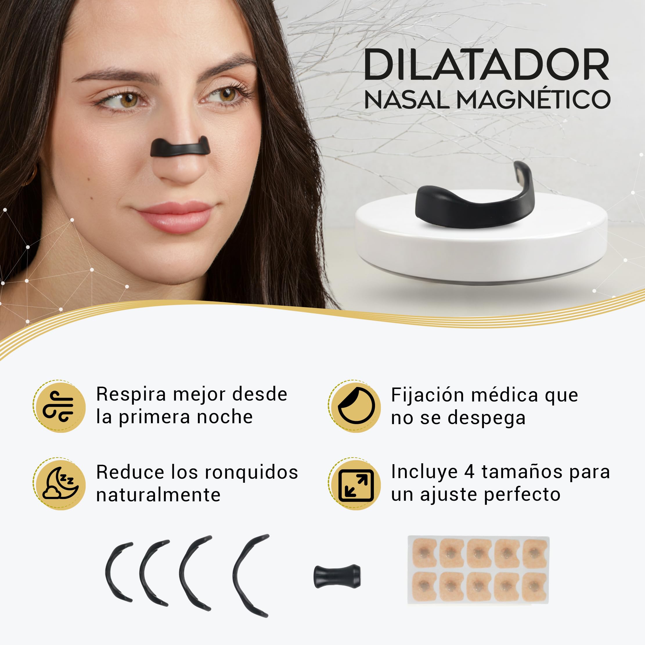 Dilatador Nasal Magnético – Tiras nasales magnéticas para dormir, antirronquidos y deportivas – Negro, potentes imanes y TOALLITAS LIMPIADORAS – 60 parches - "30 días"