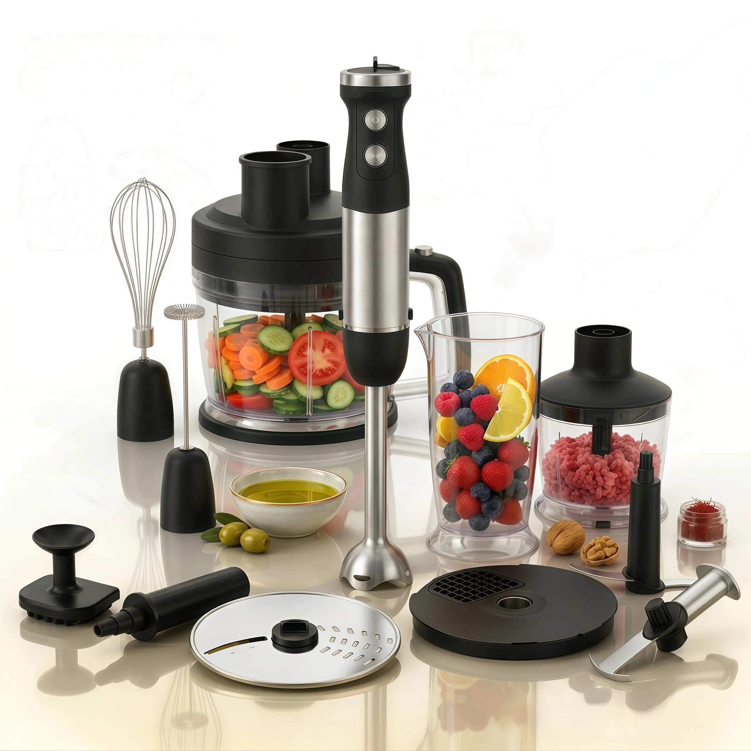 batidora de mano 9 en 1 1500W, Picadora 2L + batidor, gancho, picadora carne, triturador patatas, discos corte (dados, rodajas, rallar), espumador leche (Plata)
