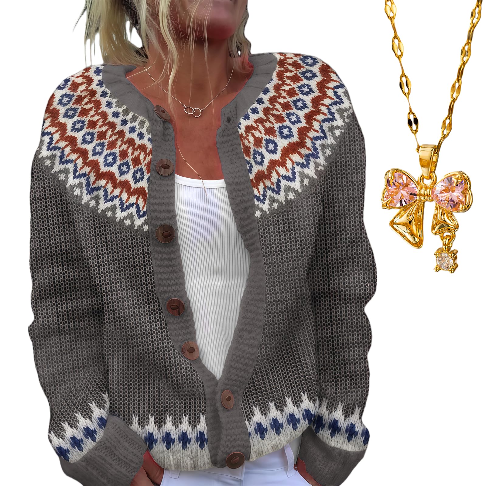 Womens Fair Isle Cardigan Cozy Knit Icelandic Nordic Style Button Up Square Patterned Cardigan Fall Winter