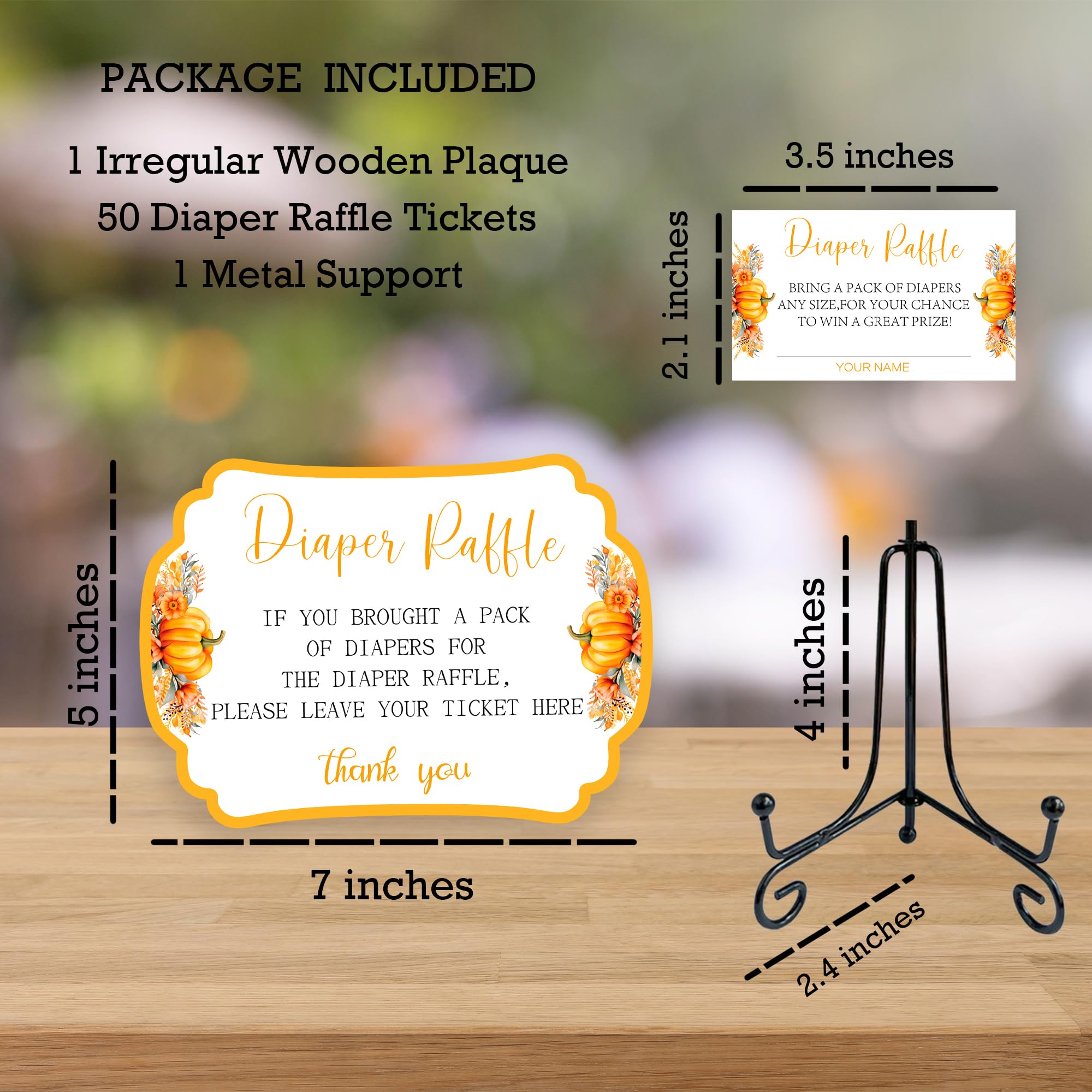 Baby Shower Diaper Raffle Wooden Sign Set, Autumn Pumpkin Wooden Sign With Self-Stand Support & 50 Diaper Raffle Tickets For Baby Shower, Baby Announcement, Gender Reveal, Party Supplies - A01