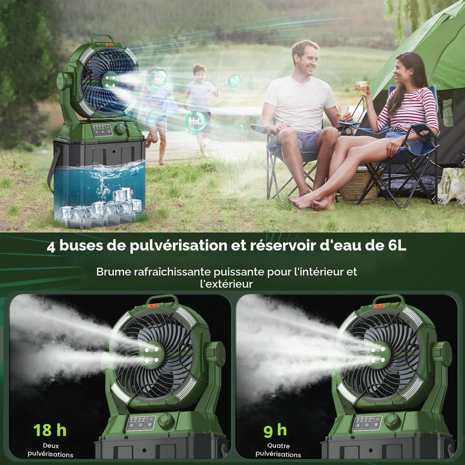 Ventilateur brumisateur portable 6 L 20 000 mAh rechargeable avec lumière LED pour terrasse extérieure camping