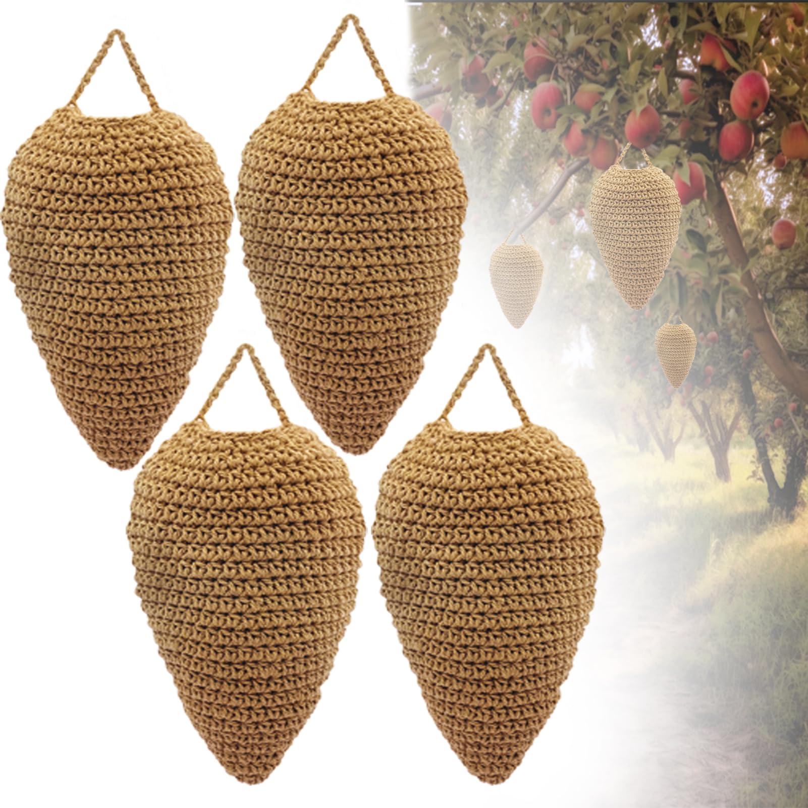 Confezione da 4 esche finte a forma di vespe all'uncinetto, da appendere, per esterni, calabroni all'uncinetto, decorazione per patio, grondaie, frutteti (terra scura)