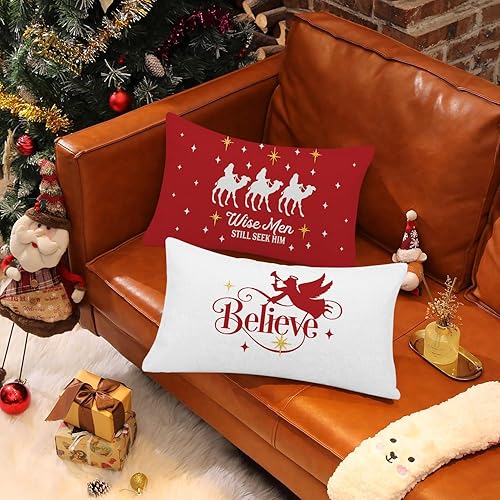 Miniatura 5 de Juego de 4 fundas de almohada de Navidad de 12 x 20 pulgadas, juego de 4 fundas de almohada religiosas Navitity en rojo y blanco, para Navidad,