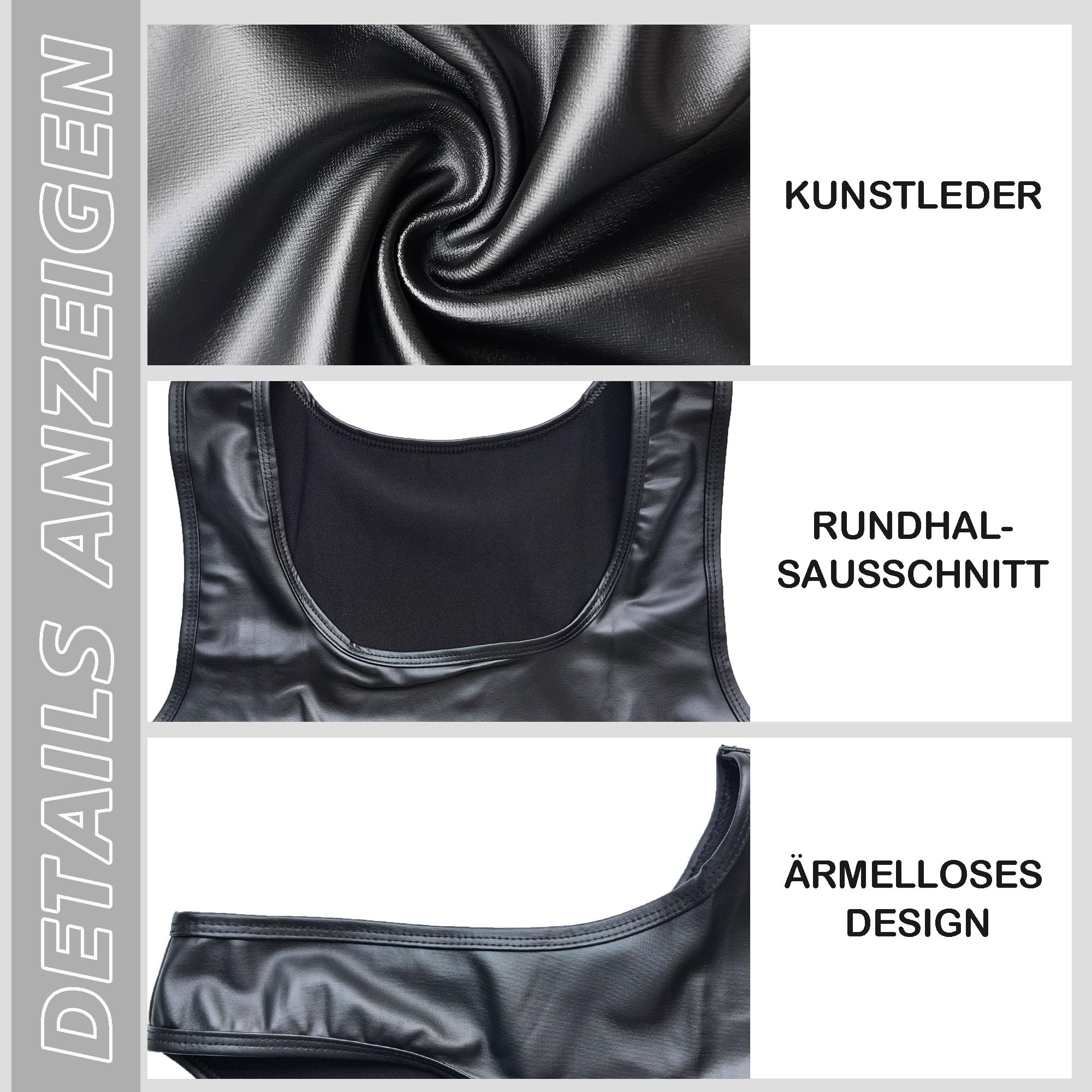 QiaTi Herren Lederimitat Weste Schwarz Herren Ärmelloses Tanktop Ausschnitt Slim Fit Unterhemd für Männer Club
