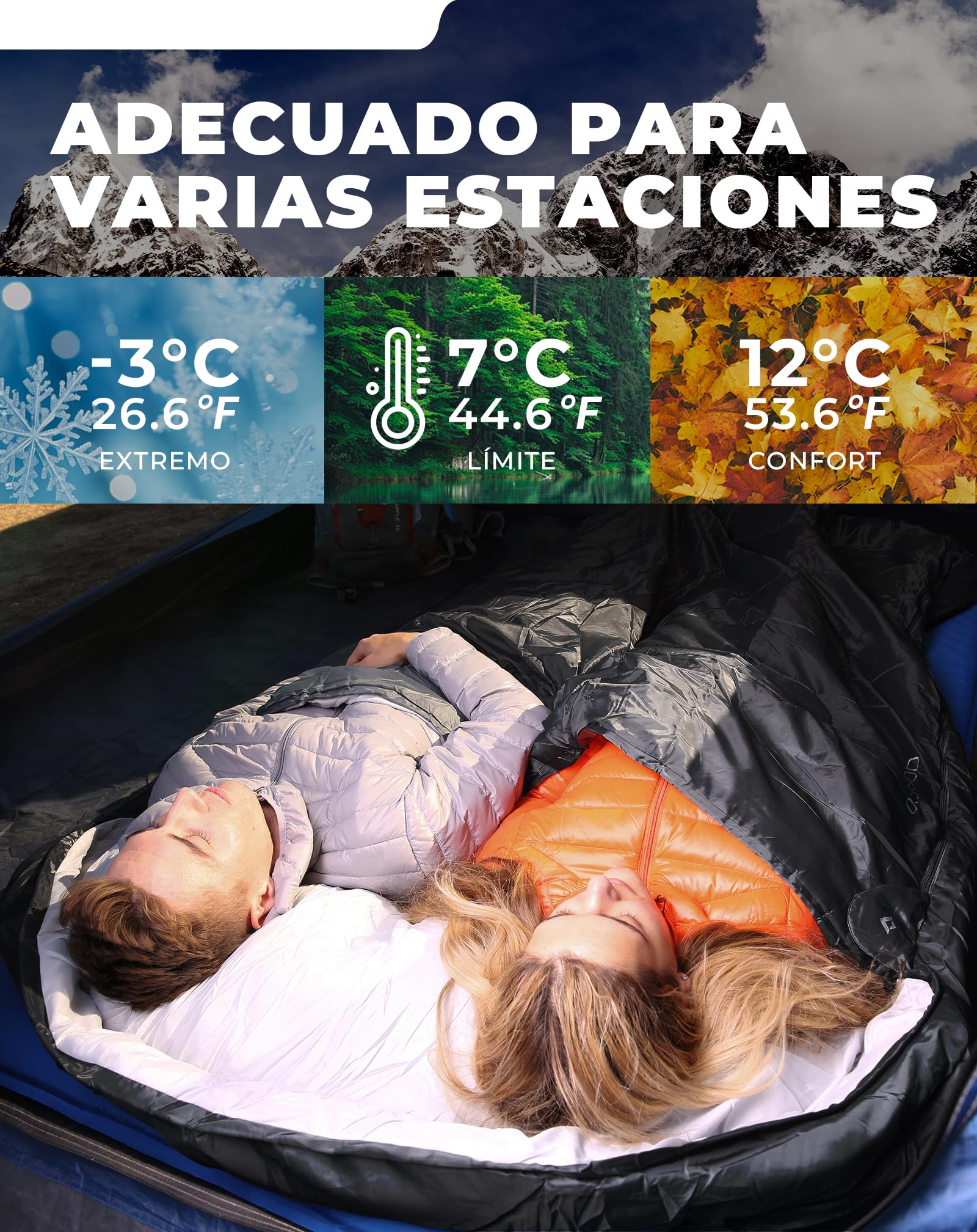 KingCamp Saco de Dormir Doble con Almohadas,220 × 150 cm para 3-4 Estaciones,Gran Saco de Dormir cálido Impermeable,para Adulto Acampar Festivales Caravaning Viaje,en Interiores o Exteriores