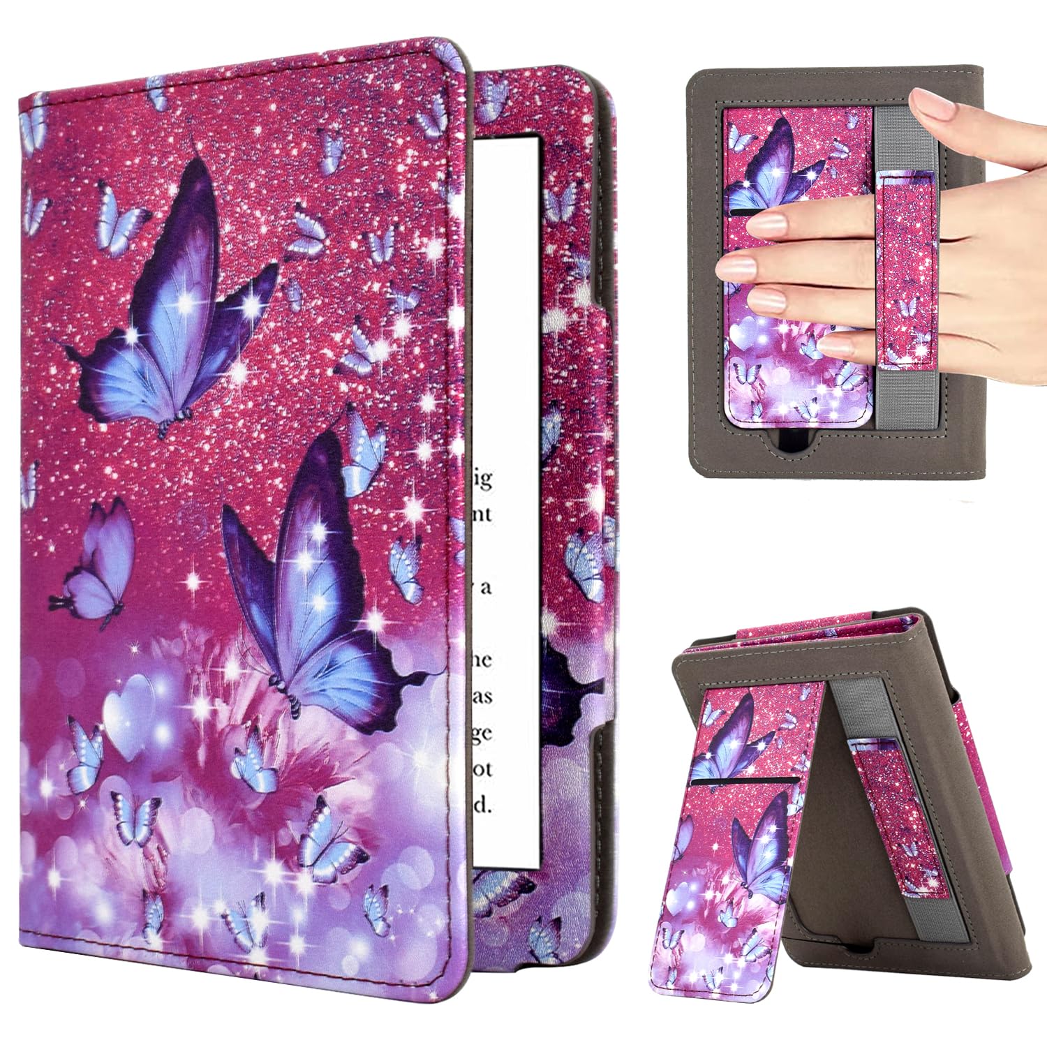 KEROM Case for 6" Kindle Paperwhite (10th/7th/6th/5th Generation, 2012-2018 Release), Premium PU Leather Cute Cover Case with Foldable Stand, Hand Strap, Card Slot, Auto Sleep/Wake - Purple Butterfly