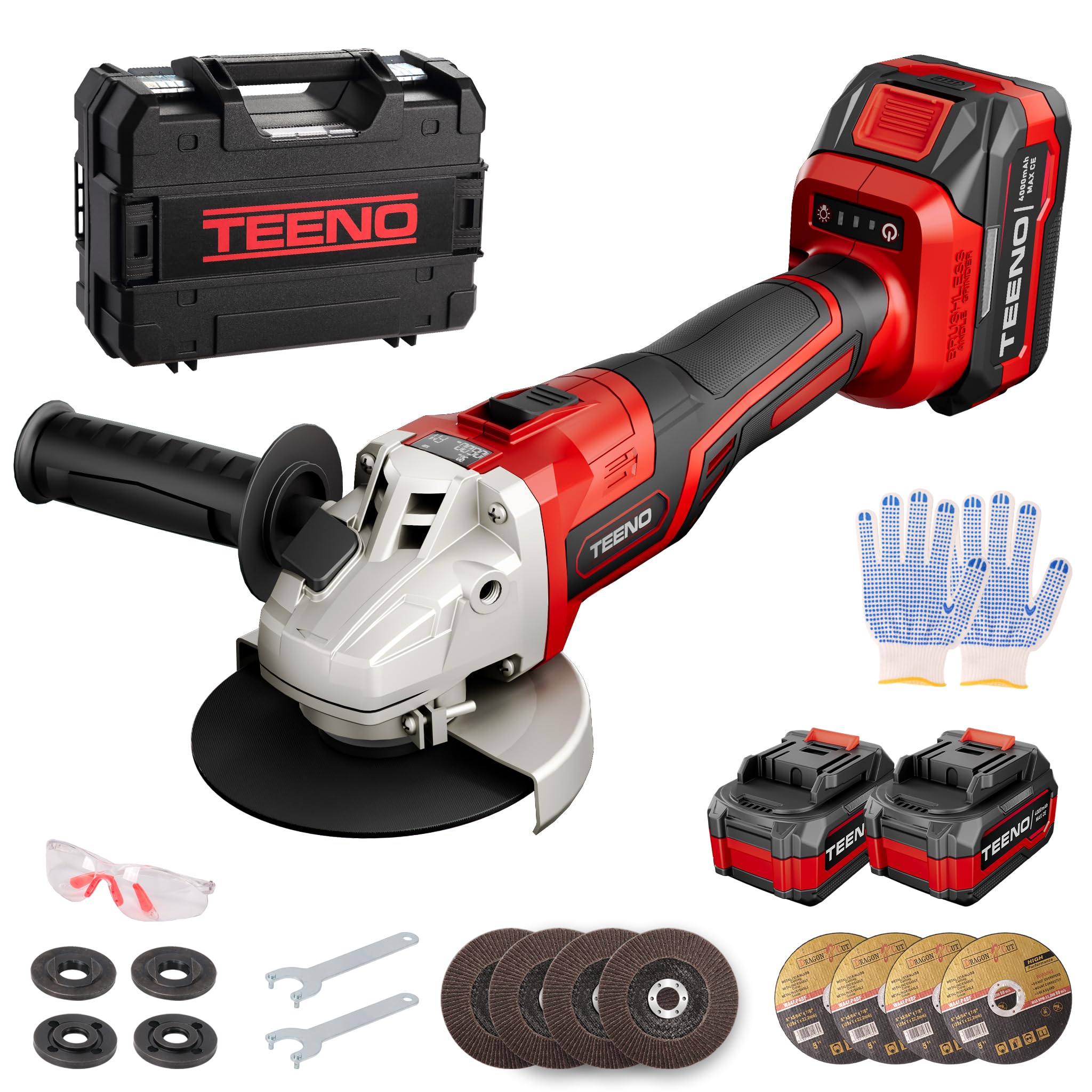 Smerigliatrice Angolare Senza Fili TEENO 21V 1000W - Flessibile a Batteria con 2 Batterie 4000mAh, 9100 RPM - Kit Completo con 14 Accessori (Disco Taglio/Lucidatura) - Pronto all'Uso