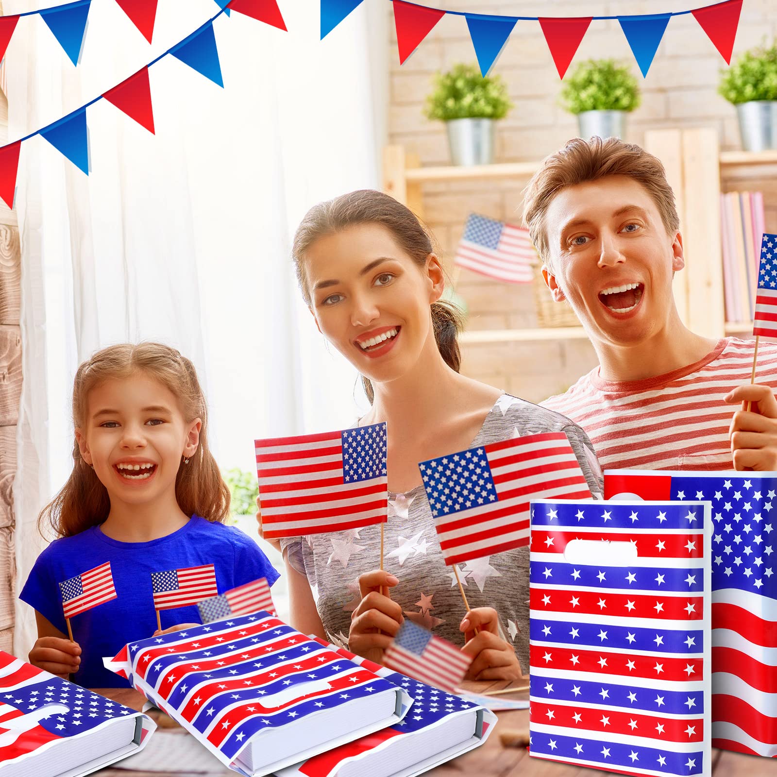 Qeeenar 100 Pcs Patriotic Gift Bags Red White and Blue Goodie Bags Bulk 4th of July Party Favor Bag with Handle Memorial Day USA Flag Merchandise Bag for 250th Anniversary Independence Day, 2 Designs