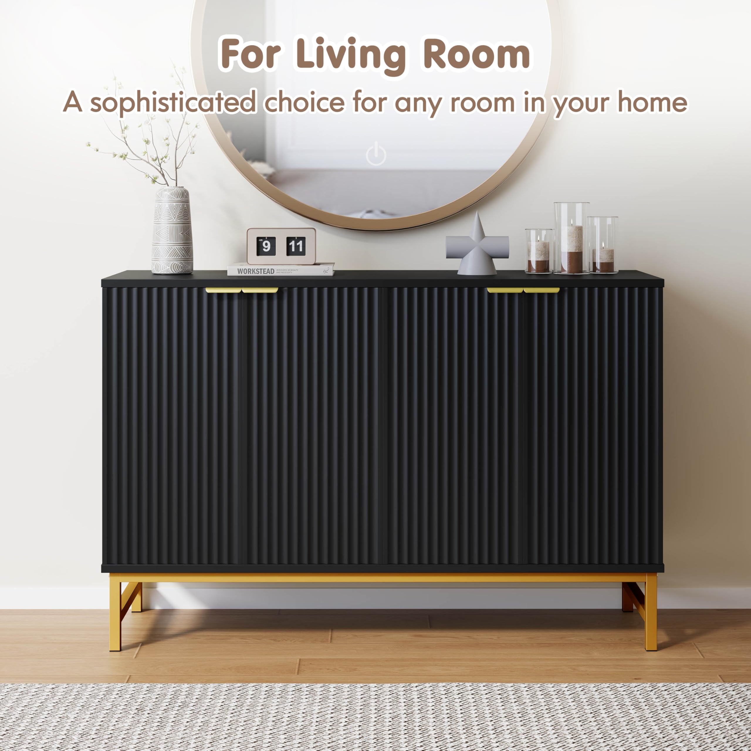 Luoxiao 120 cm Sideboard Buffetschrank mit 4 Türen Holz Kommode Modern Küchenschrank mit Metallbeine Schrank für Wohnzimmer, Esszimmer, Küche, Flur, Büro, Schwarz