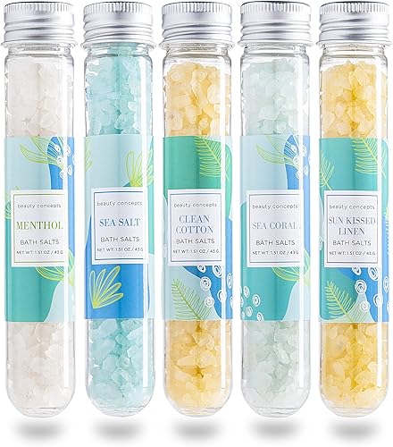Sales de baño de aromaterapia, paquete de 5 sales de Epsom para remojar, juego de spa de baño relajante, perfumado en algodón limpio, sal marina, disponible en Yaxa Venezuela
