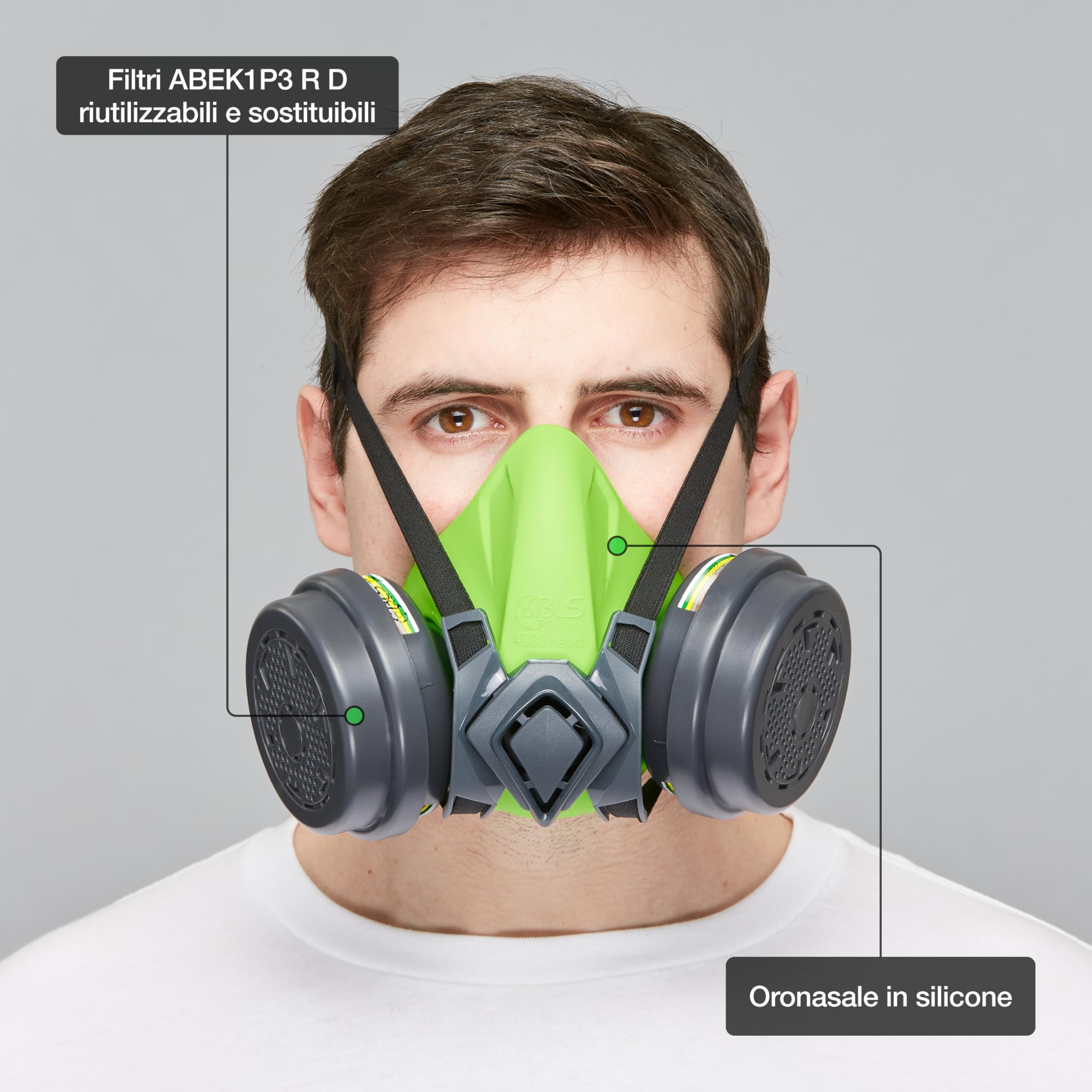 BLS 4400next ABEK1P3 R D Semimaschera Protettiva in Silicone e 2 Filtri Sostituibili 222 ABEK1P3 con Attacco a Baionetta b-lock. Per Gas/Vapori, Polveri Tossiche, Acidi e Ammoniaca