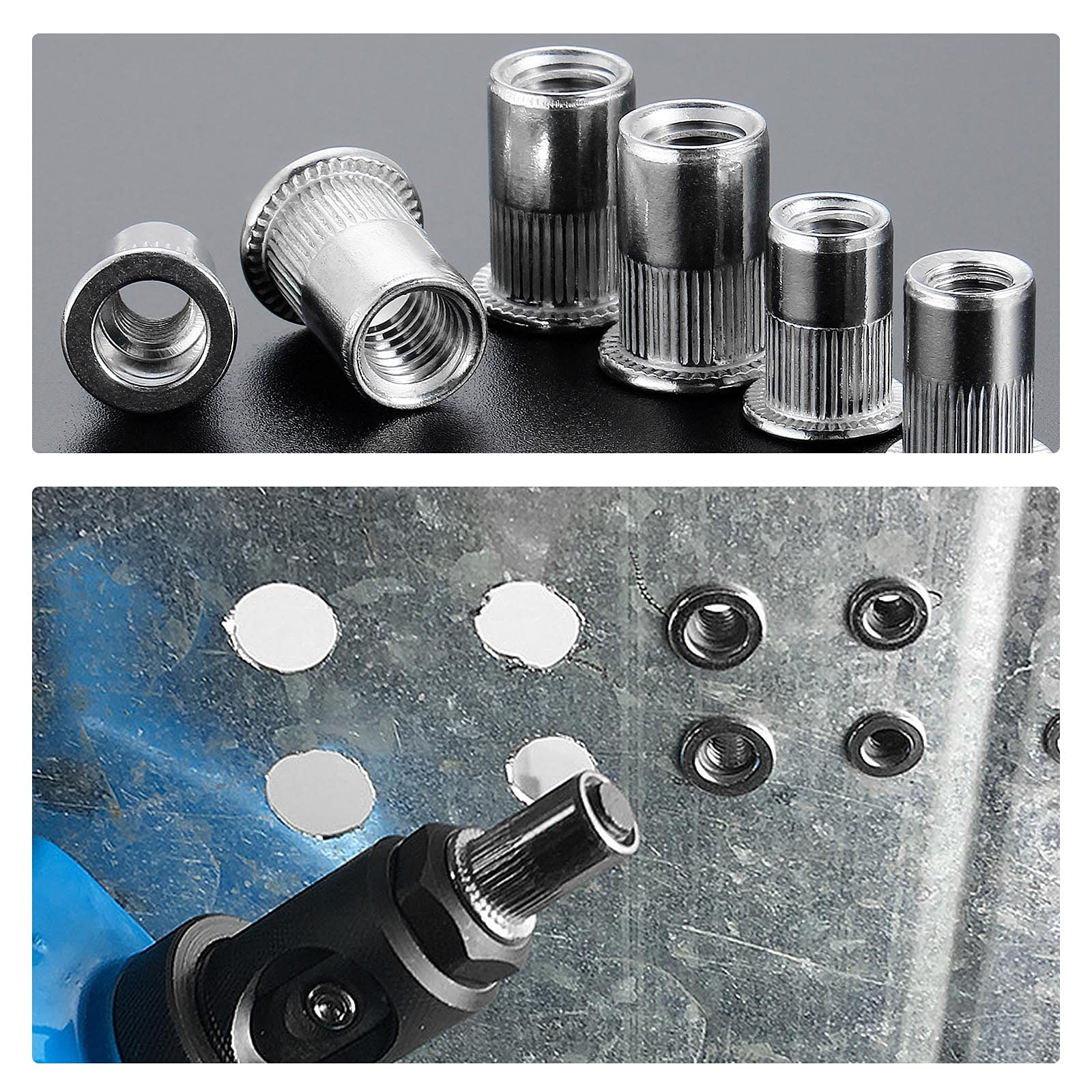 Gueenky 100 PZ Dadi Rivetti Filettati in Acciaio Inox, M6 M8 Dadi Filettati a Testa Piatta, Assortimento Inserti Filettati Mobili in Legno, Ogni Dimensione 50 PZ