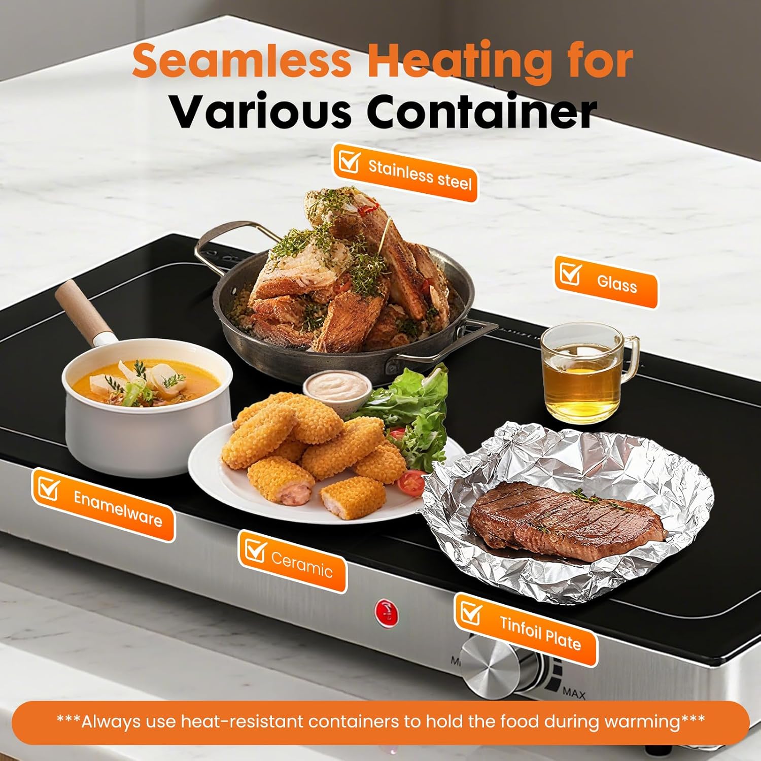 NEWBULIG Electric Warming Tray with Adjustable Temperature, Glass Top Food Warmer with Full Surface Heating Plate, Easy Cleaning Chafing Dishes for Buffet, Parties, Restaurants and Dialy Use