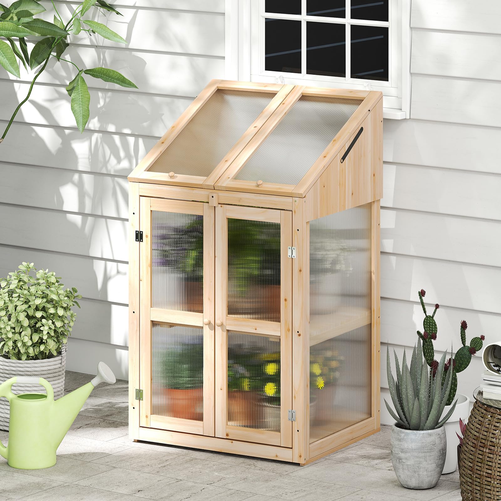 COSTWAY Serra da Balcone, Serra in Legno con Ripiano Fiori Rialzato, Tetto Trasparente Apribile, Porta Bloccabile e Ripiani Rimovibili, per Giardino e Cortile, 69 x 58 x 121 cm