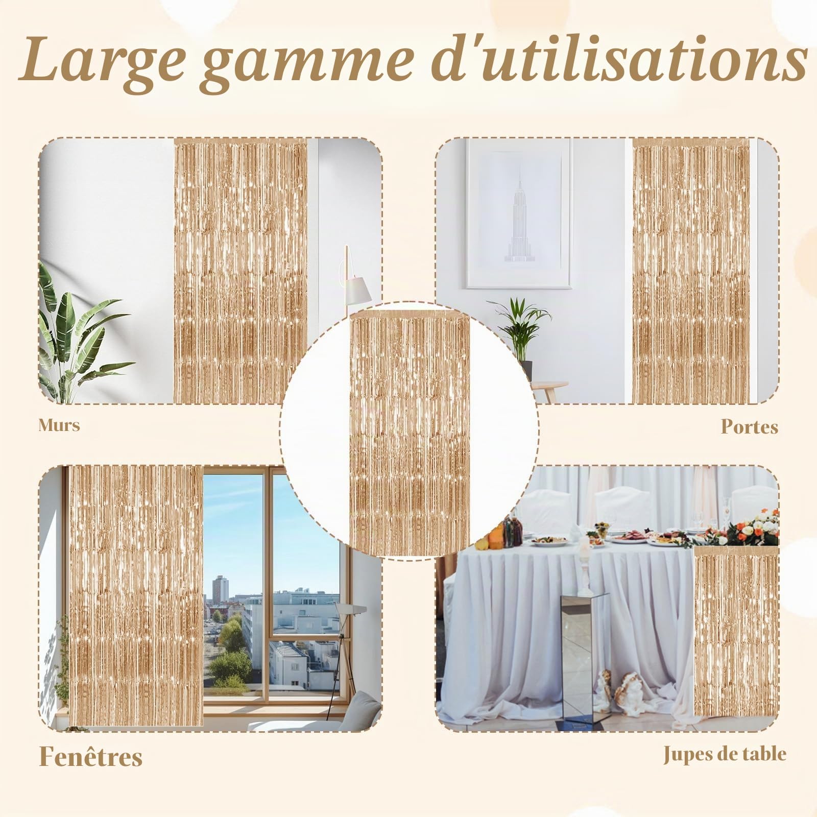 5 Pièces Rideau Anniversaire Or Champagne, Rideau Métallique de Frange, Rideaux Paillettes à Franges, Scintillants Rideaux à Franges, pour Decoration Anniversaire, Fête, Mariage, Noël (1m x 2m)