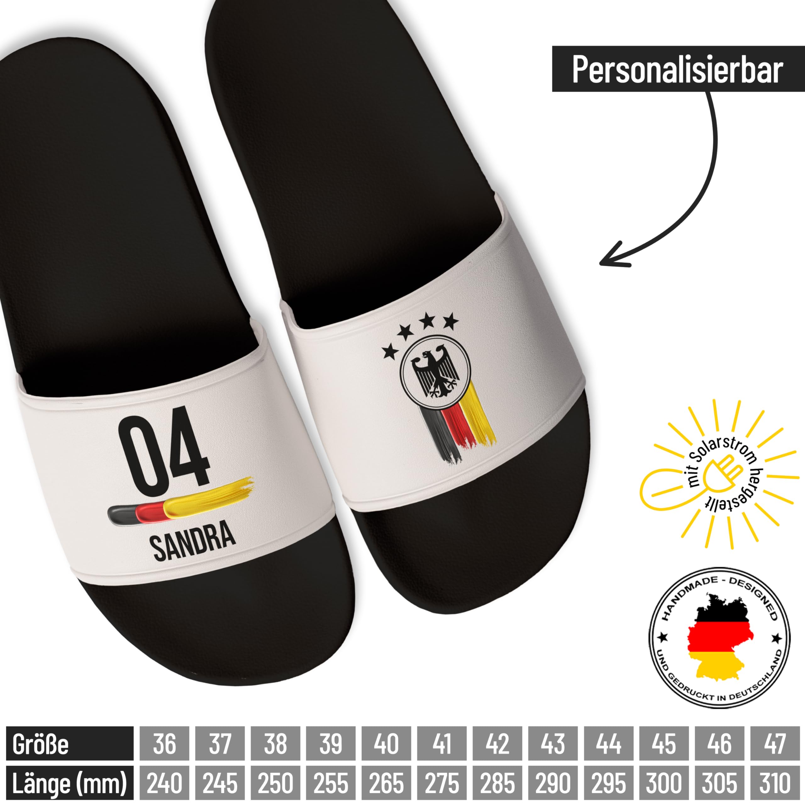 True Statements Deutschland Badelatschen - personalisiert mit Zahl & Namen - EM WM Fußball Fanartikel - Badeschlappen Herren Damen Kinder - Fan Geschenk - aus robustem PVC - Größen 28-47