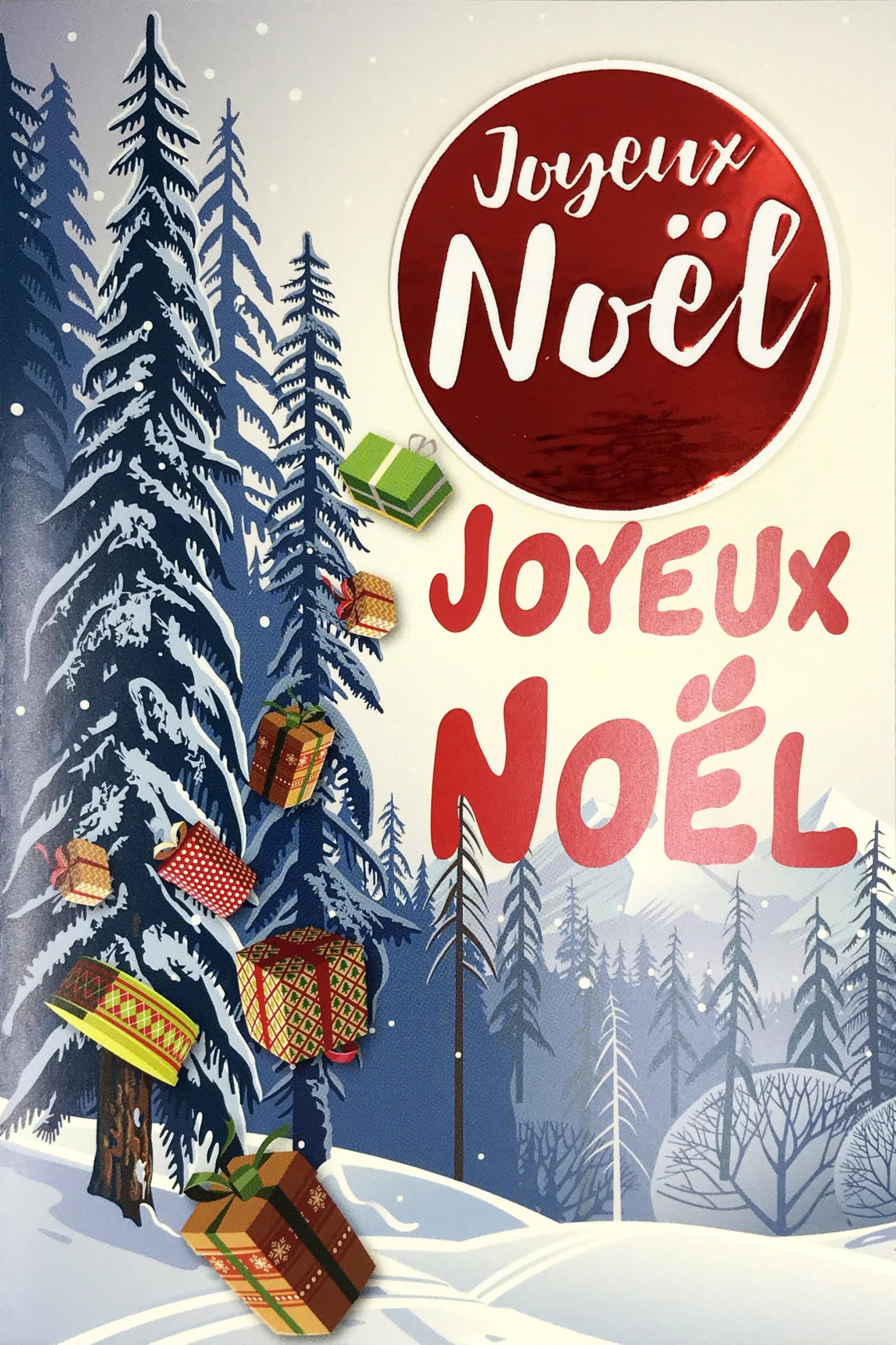 Afie 61-6035 Merry Christmas Card with Envelope and Collage Embossed Red Santa's Aviator in Gold Shiny Sparkling Glitter Gifts Falling from the Sky in Snow Forest Trees