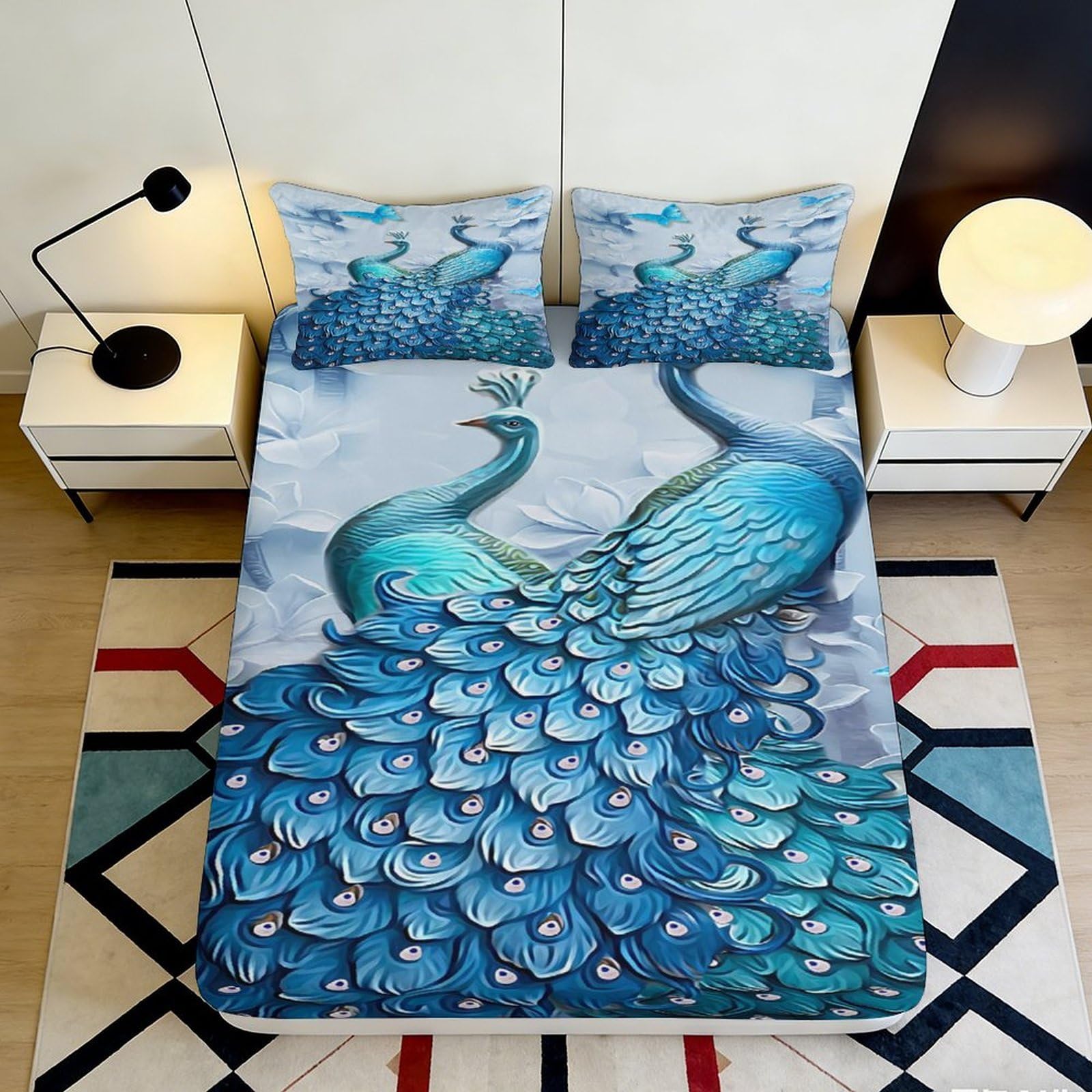 3D Printed Blue Peacock Fitted Sheet Microfiber Anti-Slip Mattress Cover for Bedroom Dorm Easy Care Artistic Decor 160x200x25cm