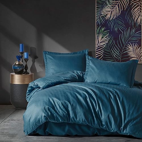 SUSSEXHOME Juego de funda de edredón de satén azul noche, juego de algodón turco, tamaño Queen, 1 funda de edredón, 1 sábana bajera y 2 fundas de