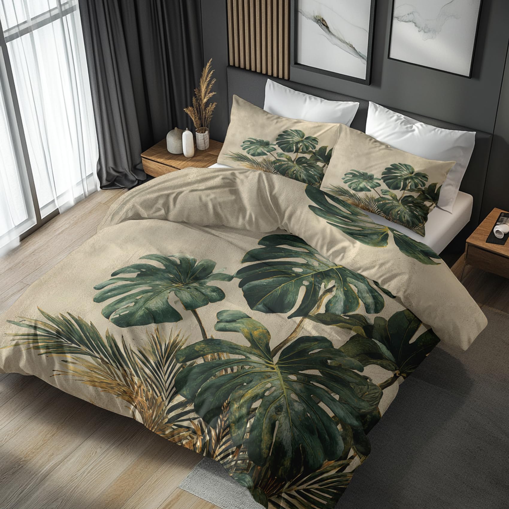 Monstera Bettwäsche 135x200 2er Set Mit Palmen Blätter Grün Muster, Bettbezug Set Bügelfreie Bettwäsche Mit Reißverschluss, Kissenbezug, Monstera Deko