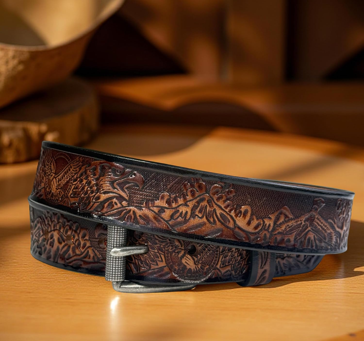 Western Eagle Belt for Men Women Full Grain One Piece Leather Handmade Belt with Buckle 1.5” Wide Tooled Embossed