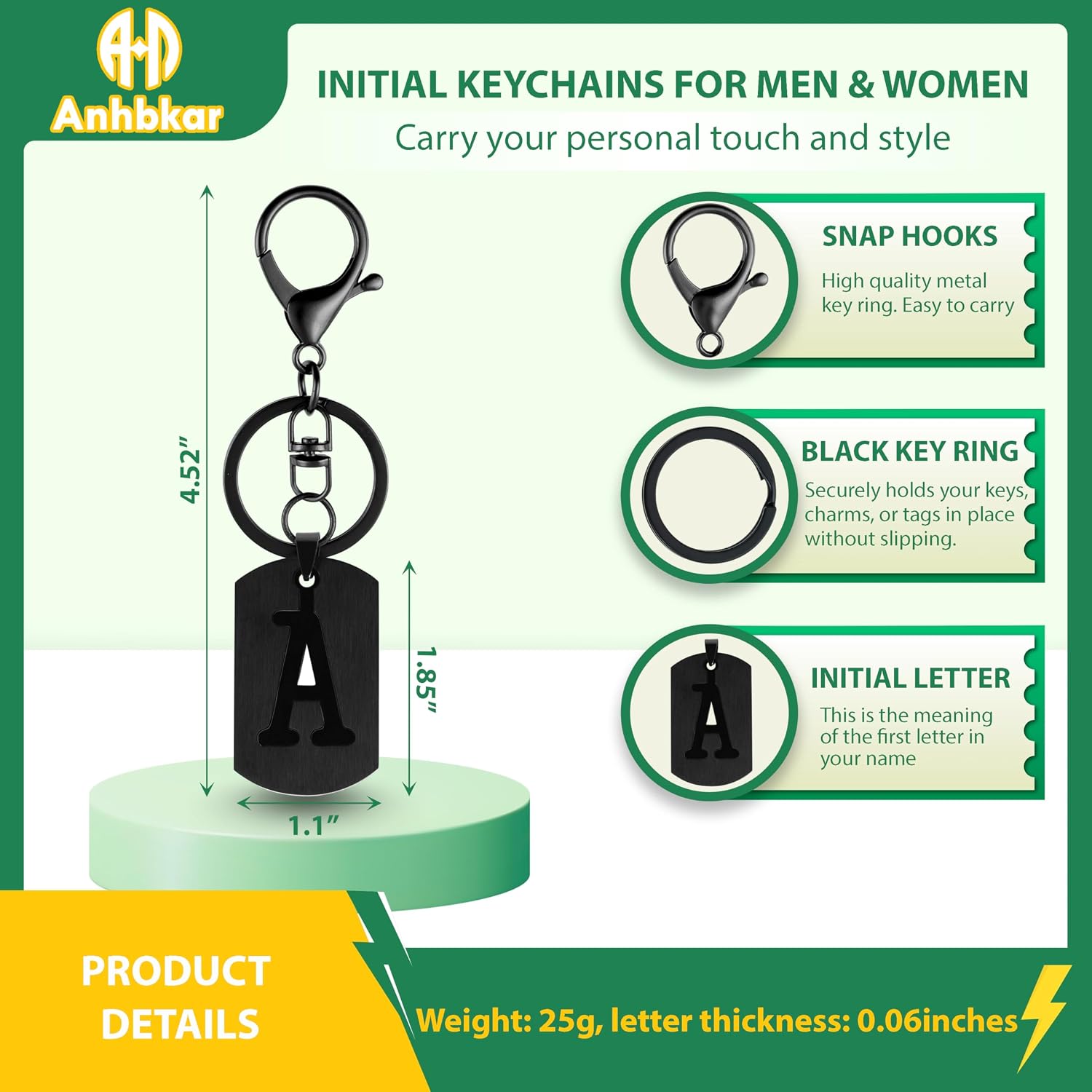 A-Z Black Stainless Steel Letter Keychain for Men & Women image 2
