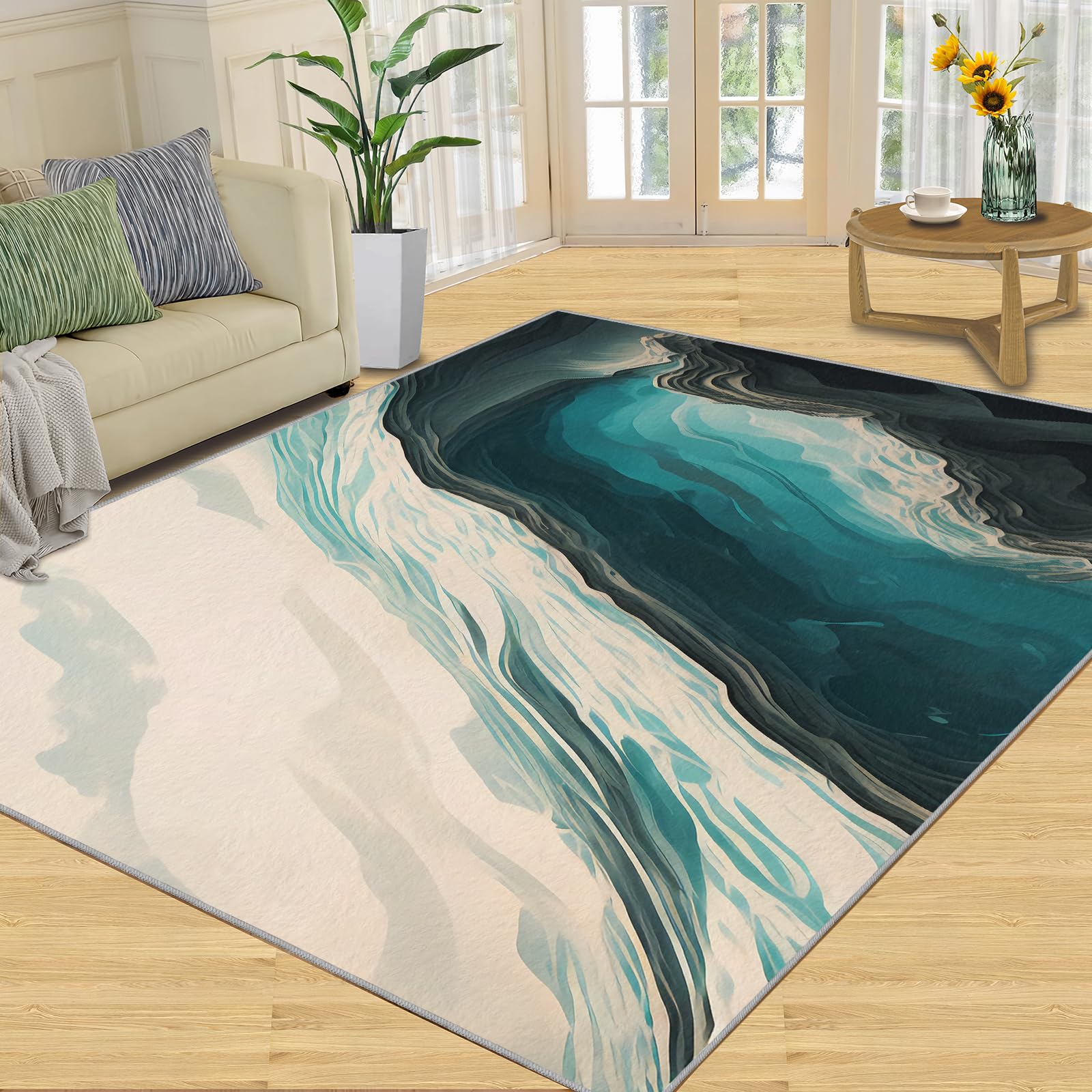 QDJKBL Emerald Turquoise Green Marble, Area Rugs 180 X 220 Cm Gradient Color Abstract Curved Wavy Stripes Living Room Rug, Floor Mat Easy Care for Cafe Office