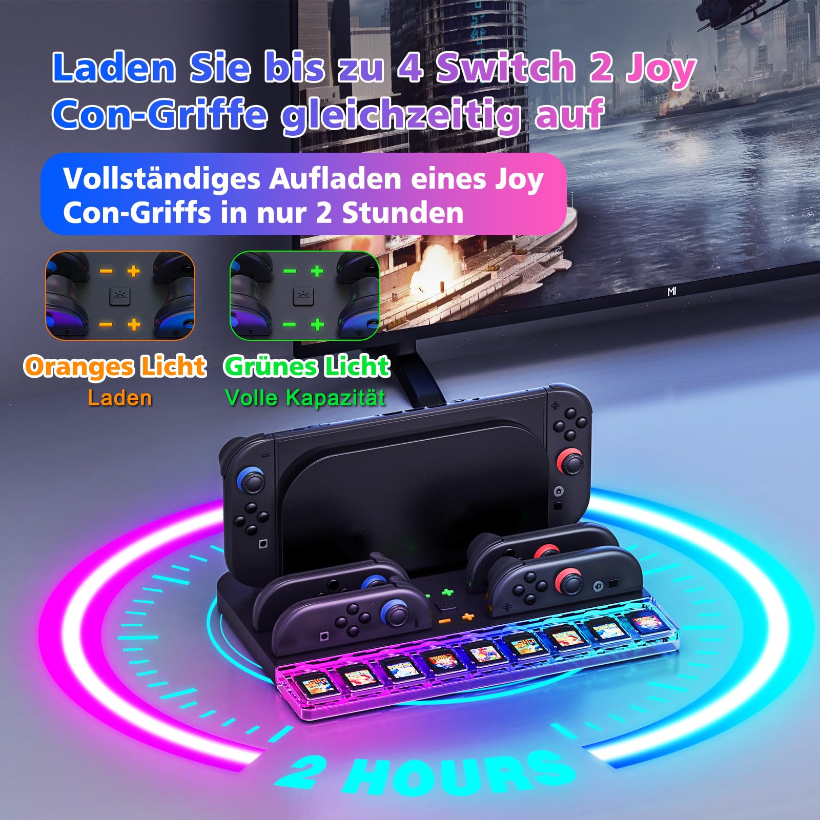 Switch Ladestation mit 7 RGB-Lichteffekten, 4 Joy-Con Schnellladung & 9 Spielkartenaufbewahrung, Universelles Zubehör für Switch Konsole