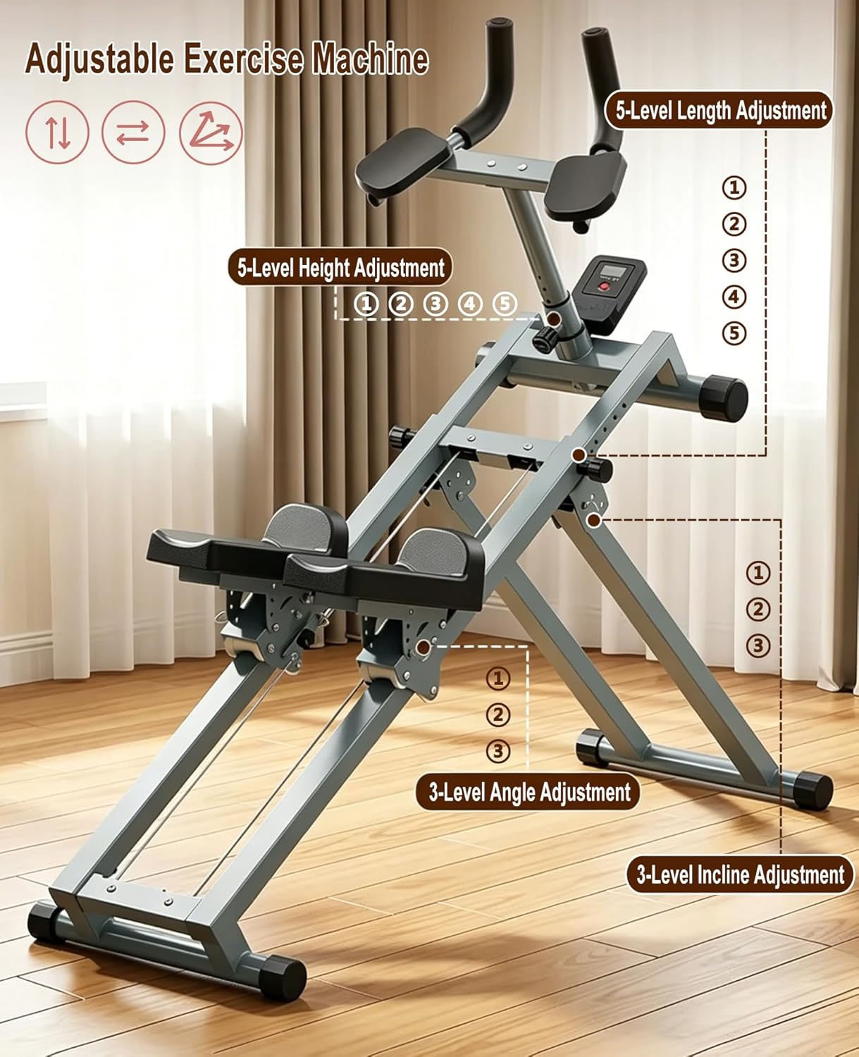 3-in-1 Spine Twist & Stretch Trainer & Stair Stepper,Adjustable Abdominal Coaster for Lower-Back & Ab Training,Foldable Crawling Exercise Machine with LCD Monitor for Home Gym,Gray