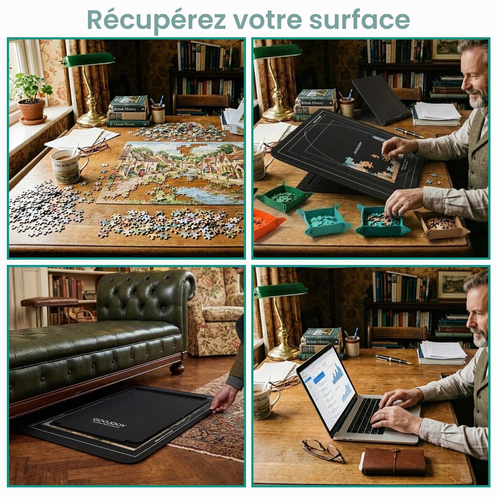 Plateau Puzzle 1000 Pièces avec Support Réglable Breveté à 5 Niveaux (33°, 31°, 28°, 23°, 17°), Planche Puzzles en Feutre avec 8 Trieurs et Couvercle, Antidérapante, Légère, Portable