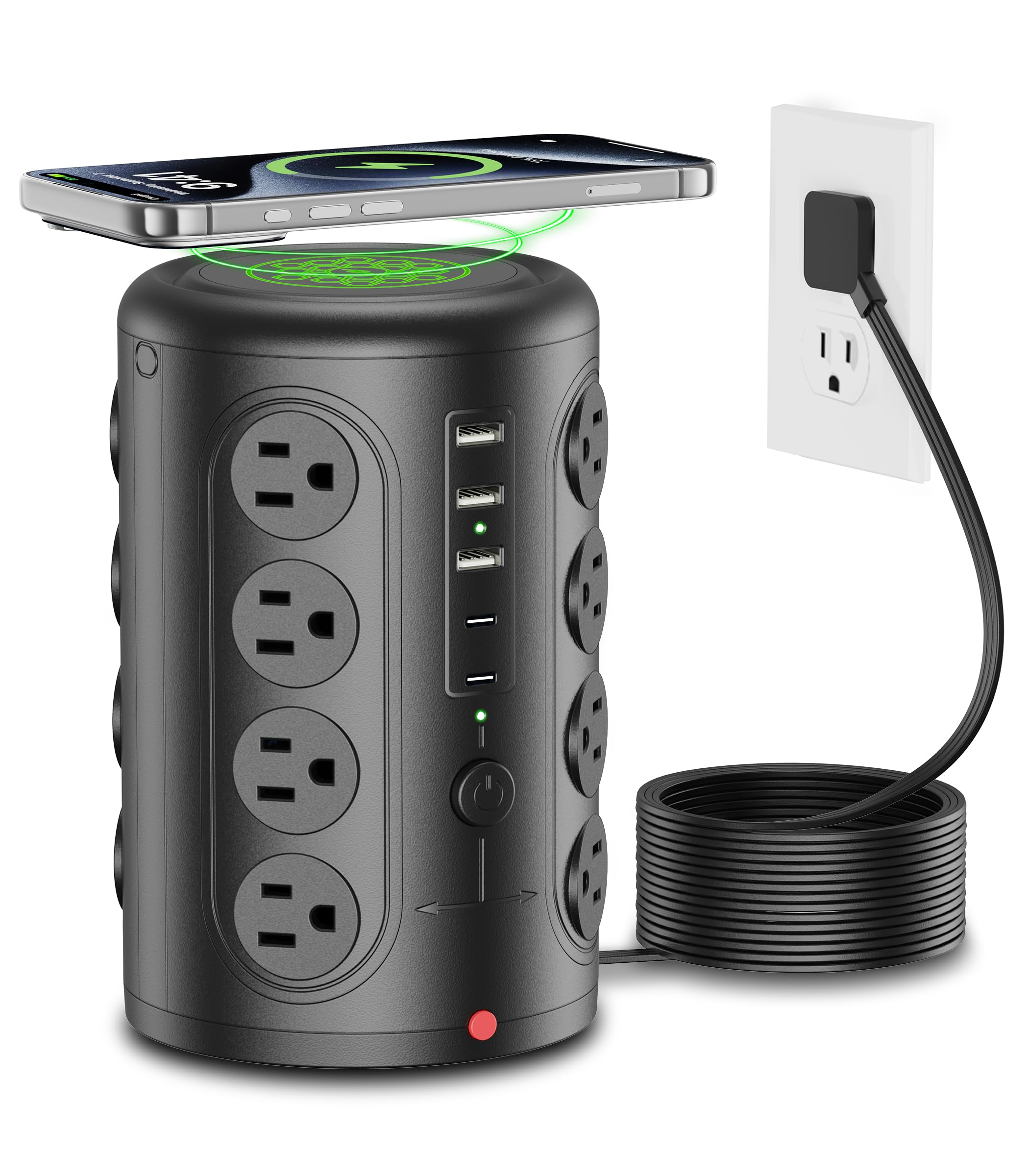 power strip tower surge protector, tentrend 16 outlets and 5 usb ports (2 usb-c), 2000 joules charging station, 6ft flat plug extension cord for home office dorm room essentials, black