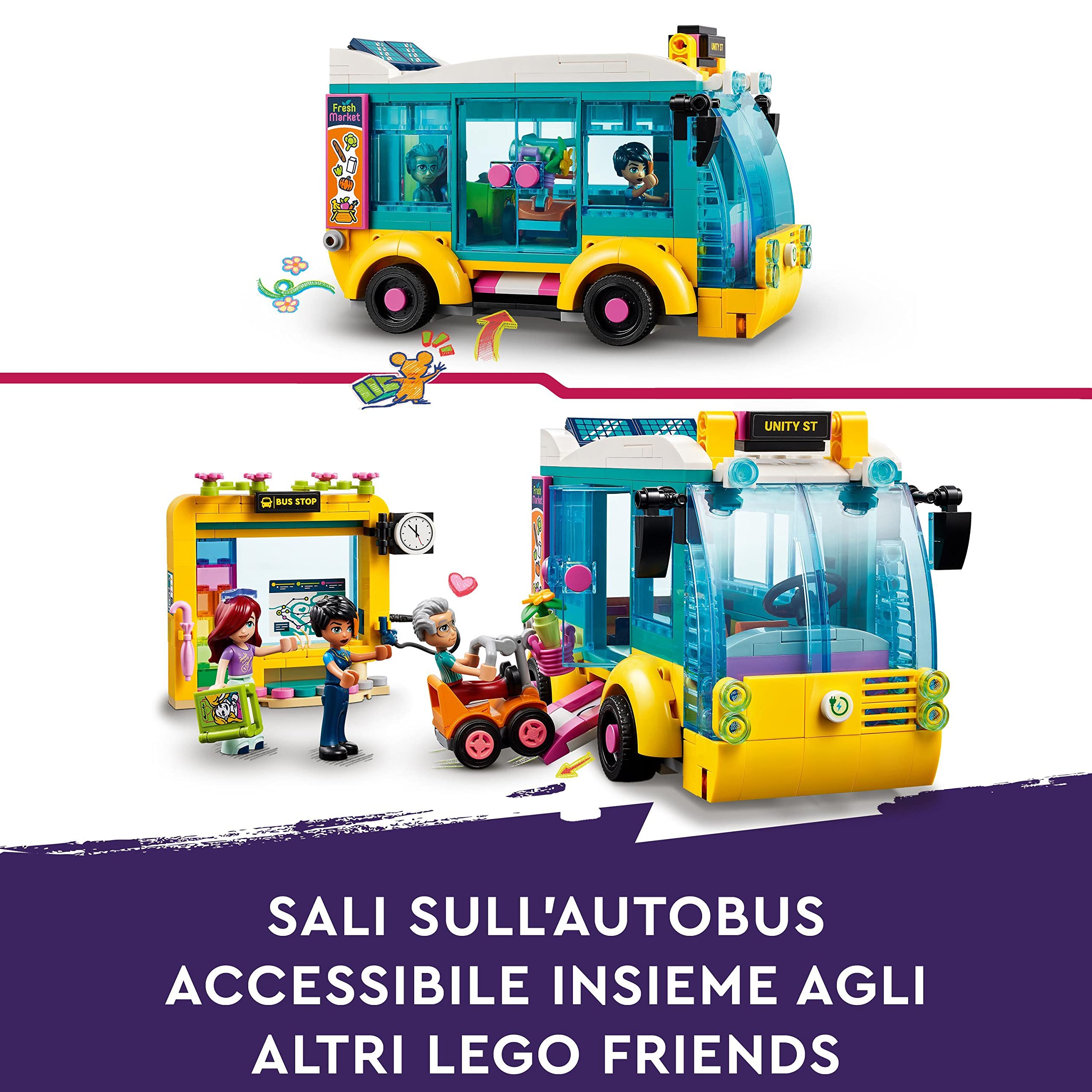 LEGO Friends L’Autobus di Heartlake City, Bus Giocattolo per Bambini e Bambine dai 7 Anni, Veicolo dell'Amicizia con Mini Bambolina Paisley, Idea Regalo, Esclusiva Amazon 41759