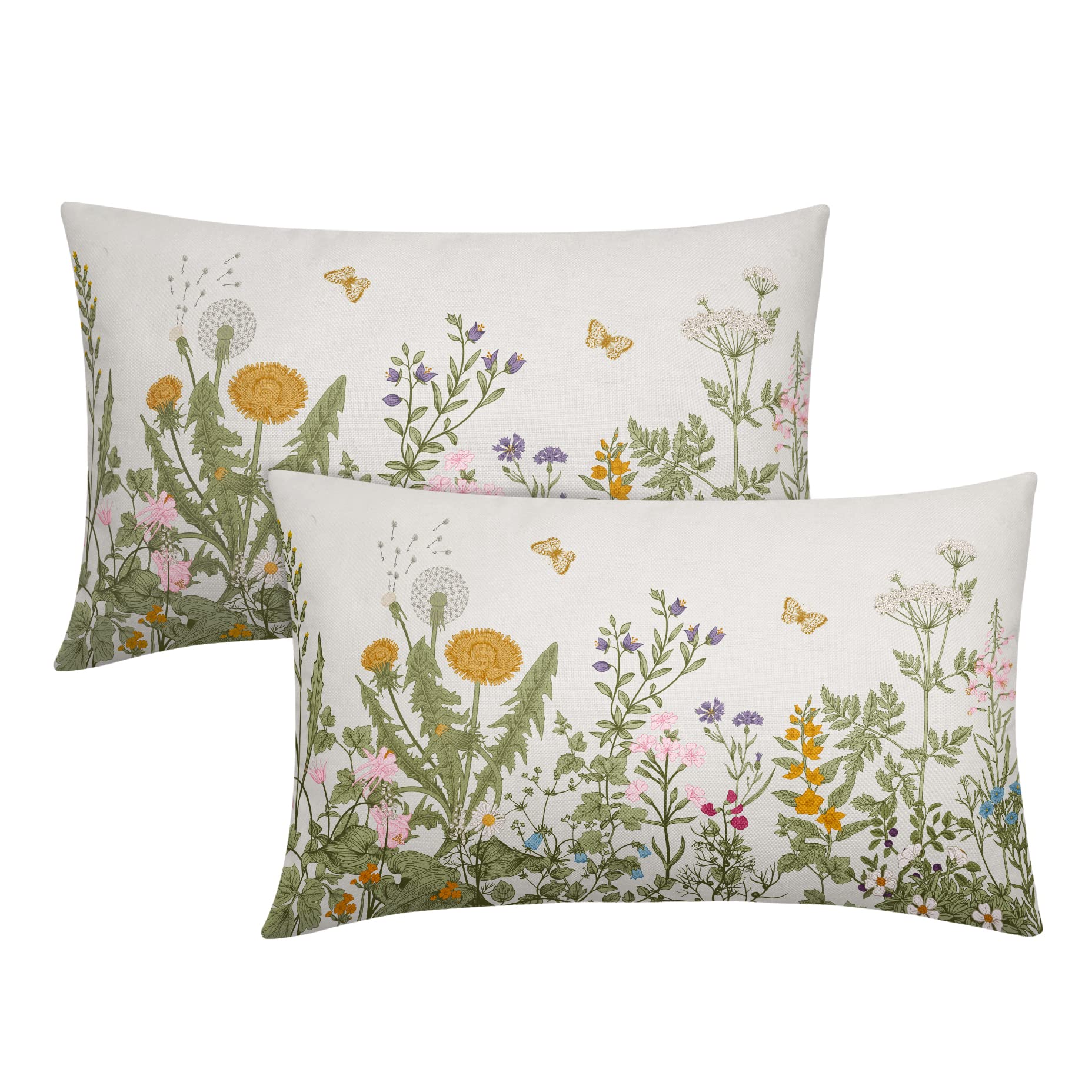 Spring Summer Rectangular Pillow Covers 12X20 Inch Sage Green Leaves Plant Lumbar Pillow Cases Yellow Butterfly Floral Throw Pillows Set of 2 Home
