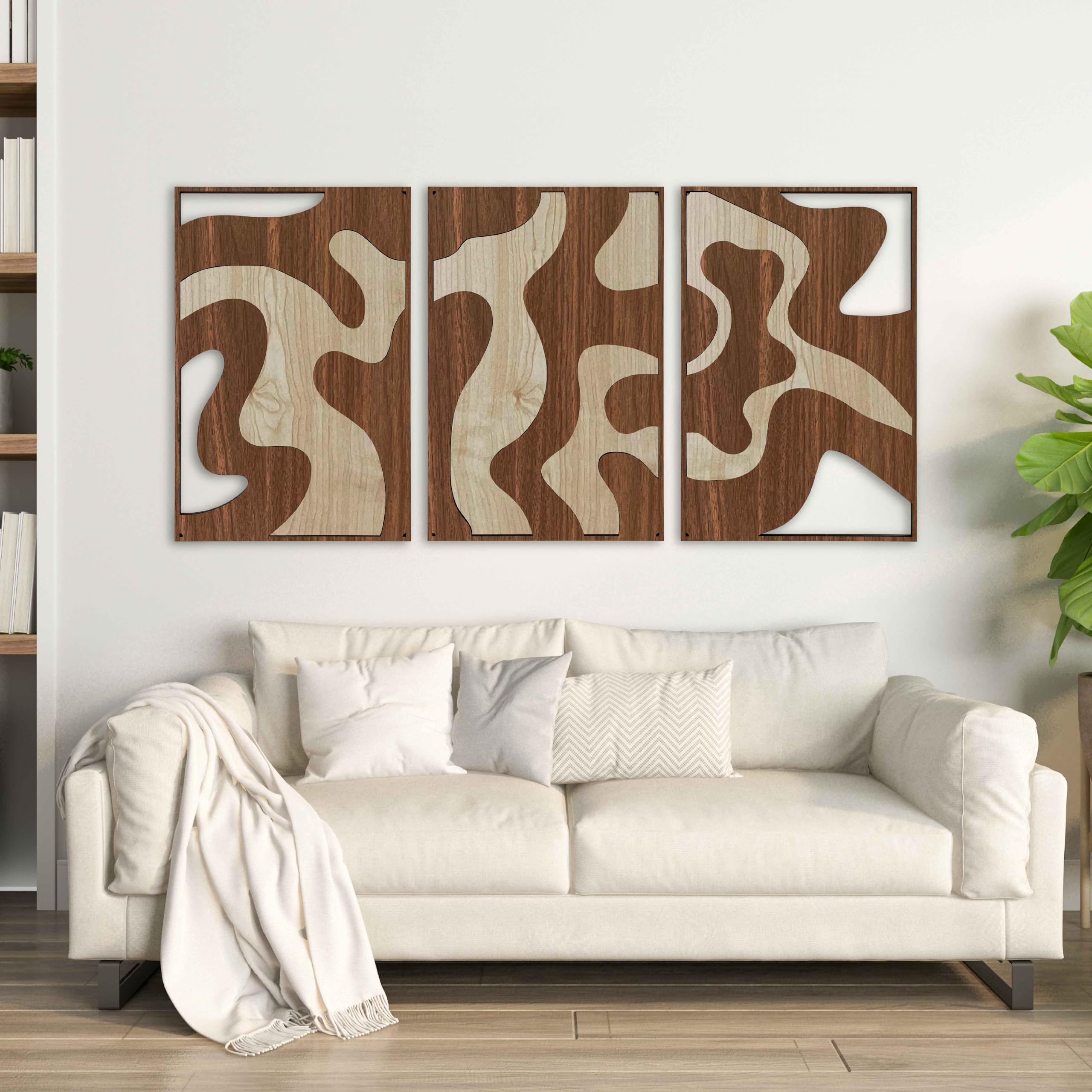 Strukturierte Bio-Holz-Wandkunst, 3-teilig, zeitgenössische Erdtöne, Holzplatten, geschichtet, modern, neutrale Wandbehänge, Geschenk für Wohn- und Schlafzimmer