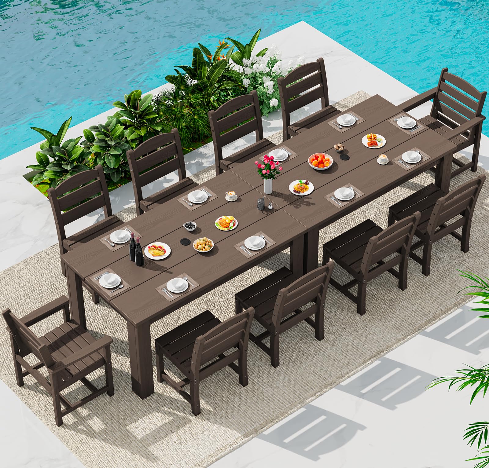 SERWALL 59" HDPE Patio Dining Set for 10, w/ 2 Tables &amp; 10 Chairs, Coffee