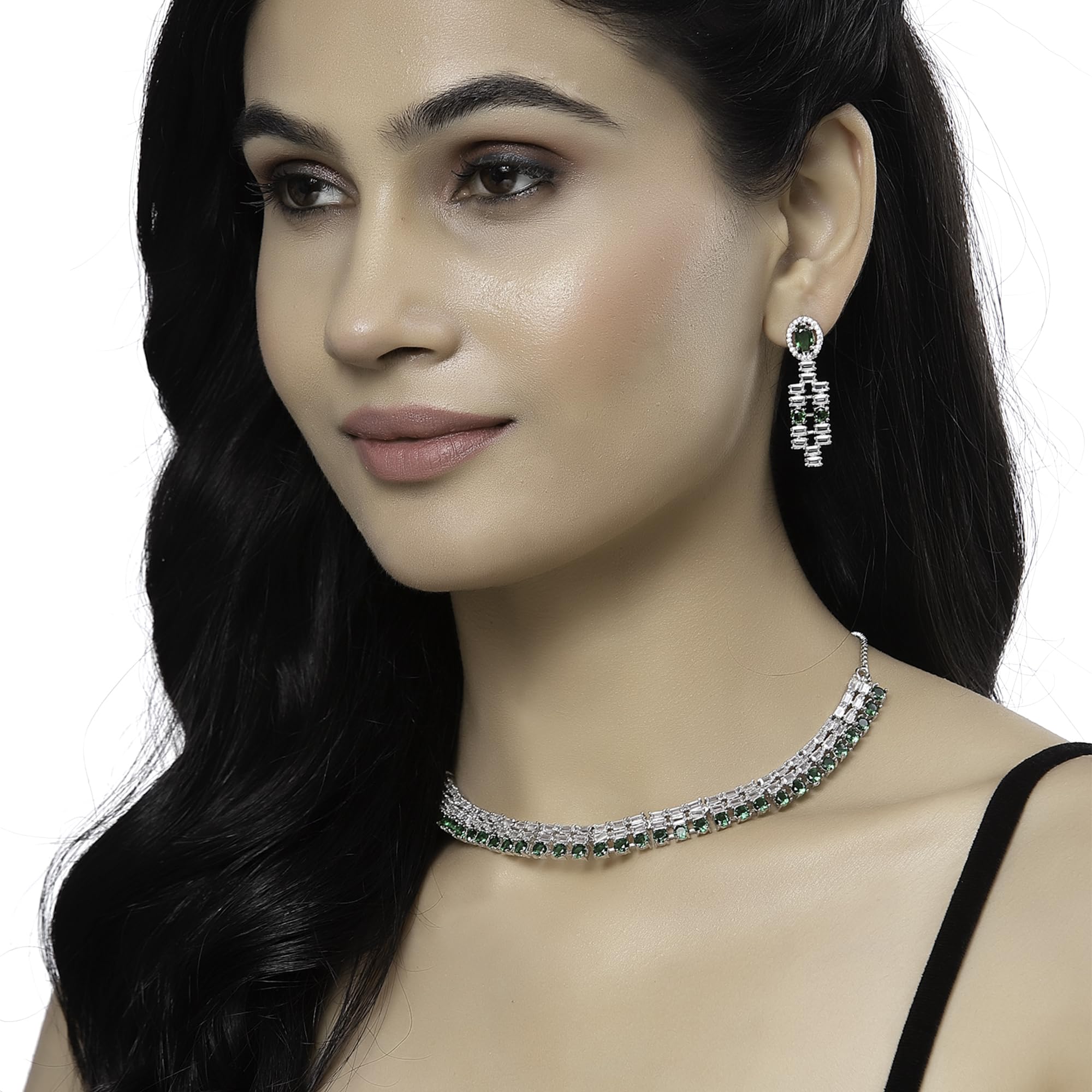 Rhodium-Plated Round Shape American Diamonds Necklace Set